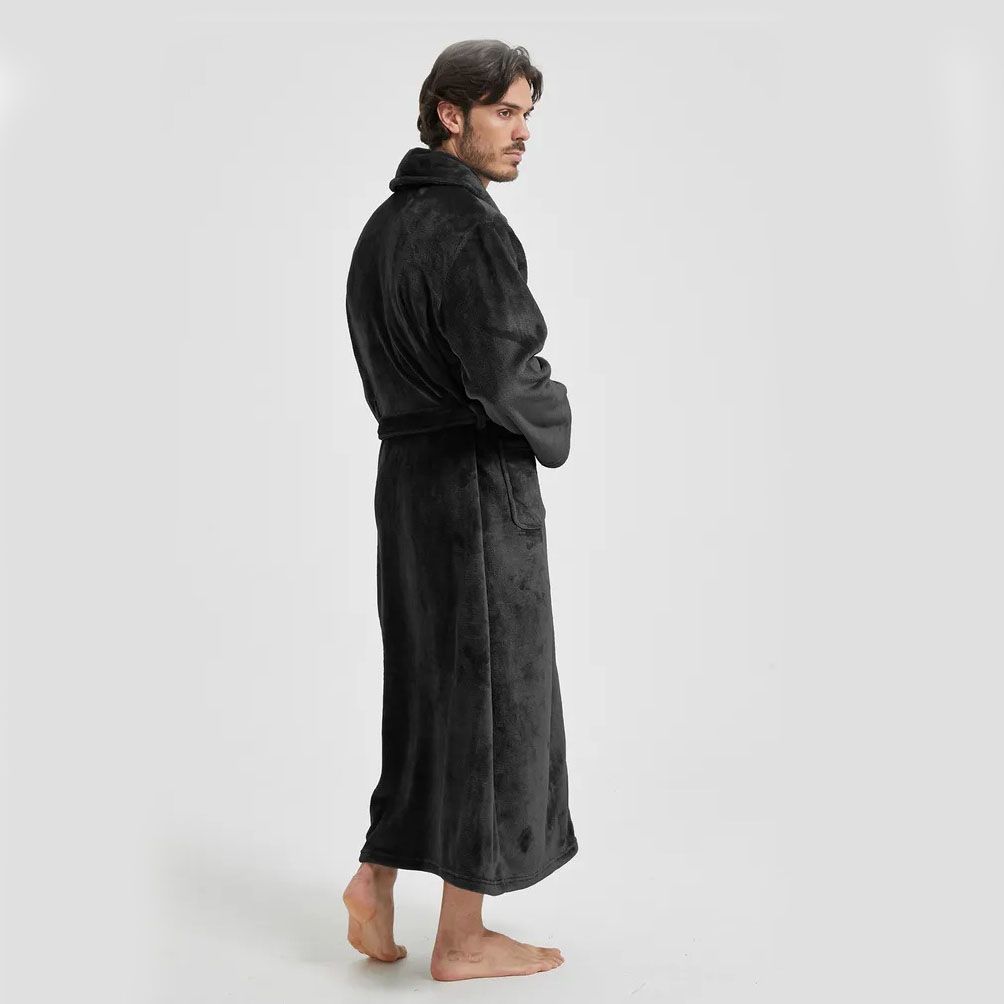 Men's Flannel Bathrobe Black M Size - Soft Coral Fleece Hooded Kimono Collar Dressing Gown Loose Fit Warm Comfortable Loungewear Home Spa Easy Care Machine — image 4