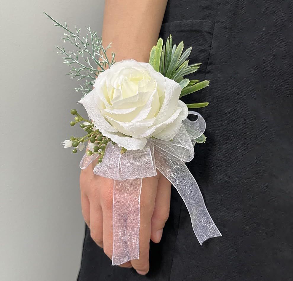 2 pieces Wrist Corsage Set, Artificial Rose Men Women Corsage Wristband Bracelet, Bride Groom Wedding Prom Party Flowers — image 5