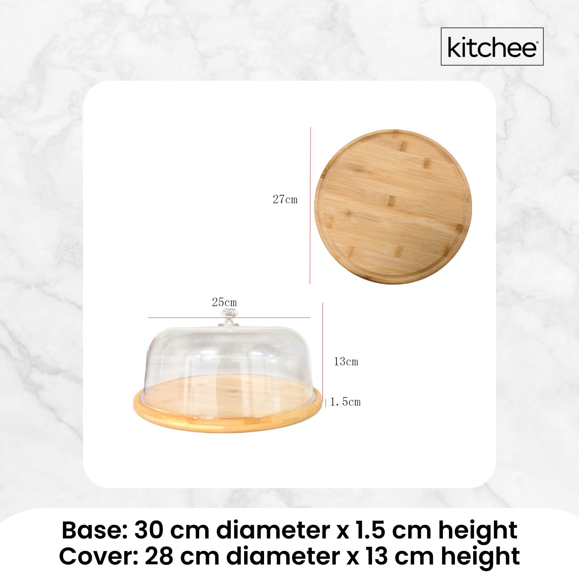 Kitchee 30cm Bamboo Cake Stand + Dome Acrylic Cover - Dessert Display Plate — image 4
