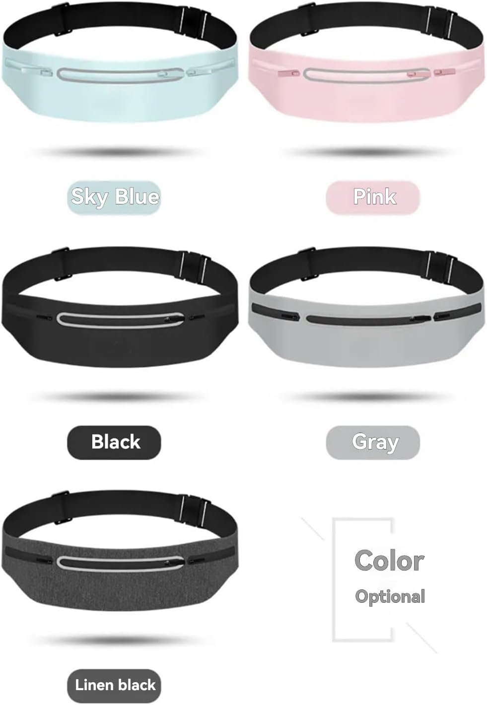 Waterproof Sports Waist Pack with 3 Zippered Compartments for Running, Gym, Hiking - Adjustable 55-120cm Belt, Fits 7.5" Phones - Black, Pink, Grey, Sky Blue — image 3