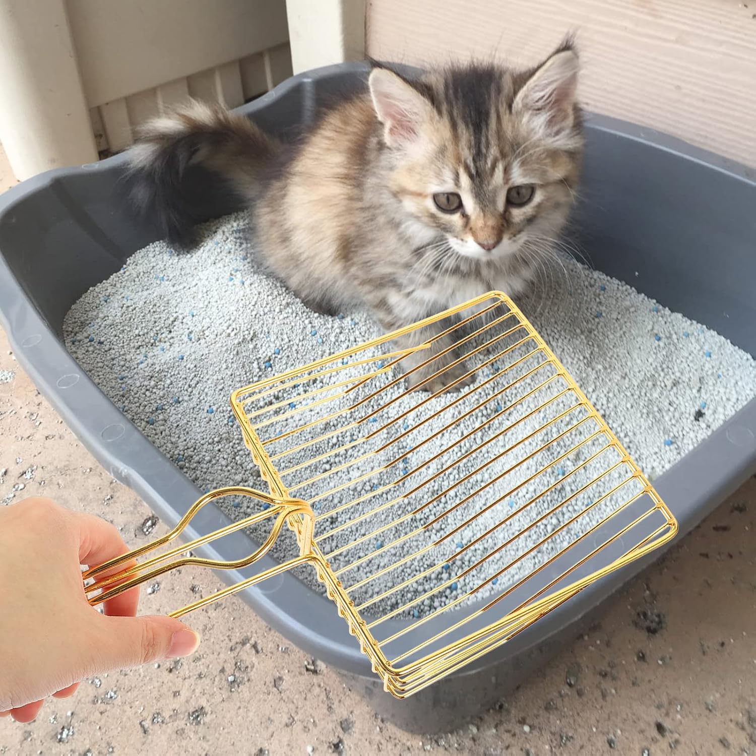 Gold Plated Metal Wire Cat Litter Scoop Square Design Ergonomic Handle — image 3