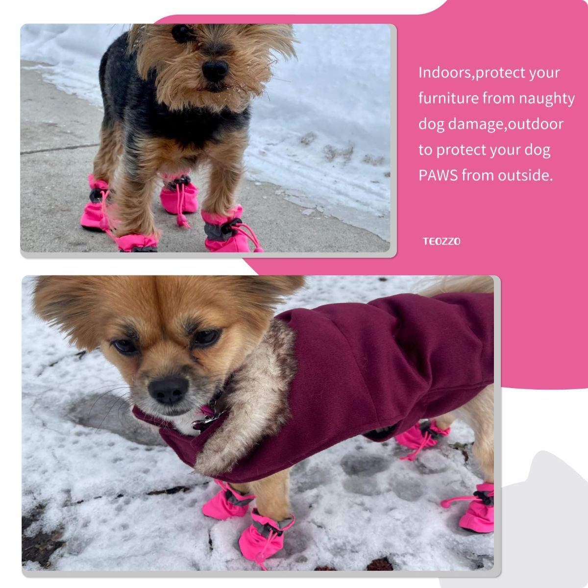 4PCS Dog Boots Paw Protector, Anti-Slip Winter Dog Shoes with Reflective Straps for Small Medium Dogs - Pink - Size 6 — image 5