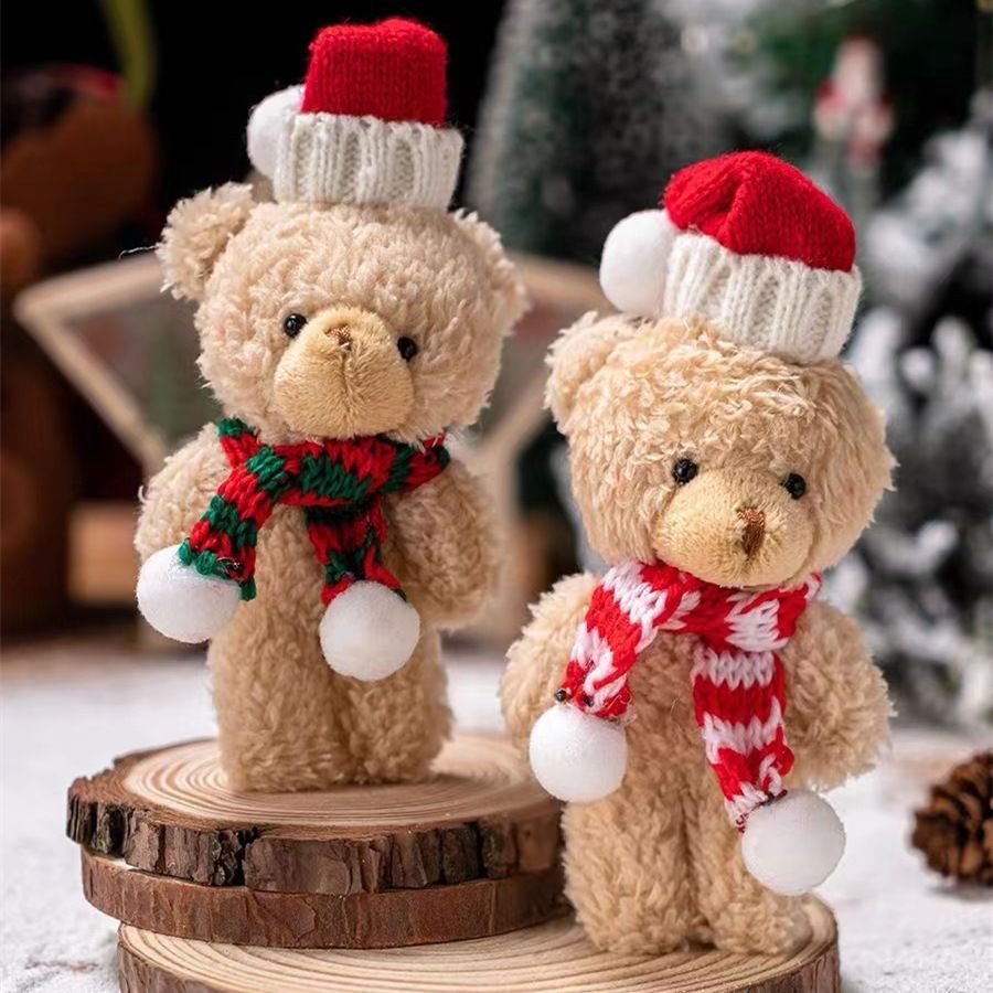 Brown Curly Christmas Bear with LOVE Red Dome Hat and Red & Green Scarf, Festive Desktop Ornament for Indoor Holiday Layout and Custom Festival Gifts ā image 3