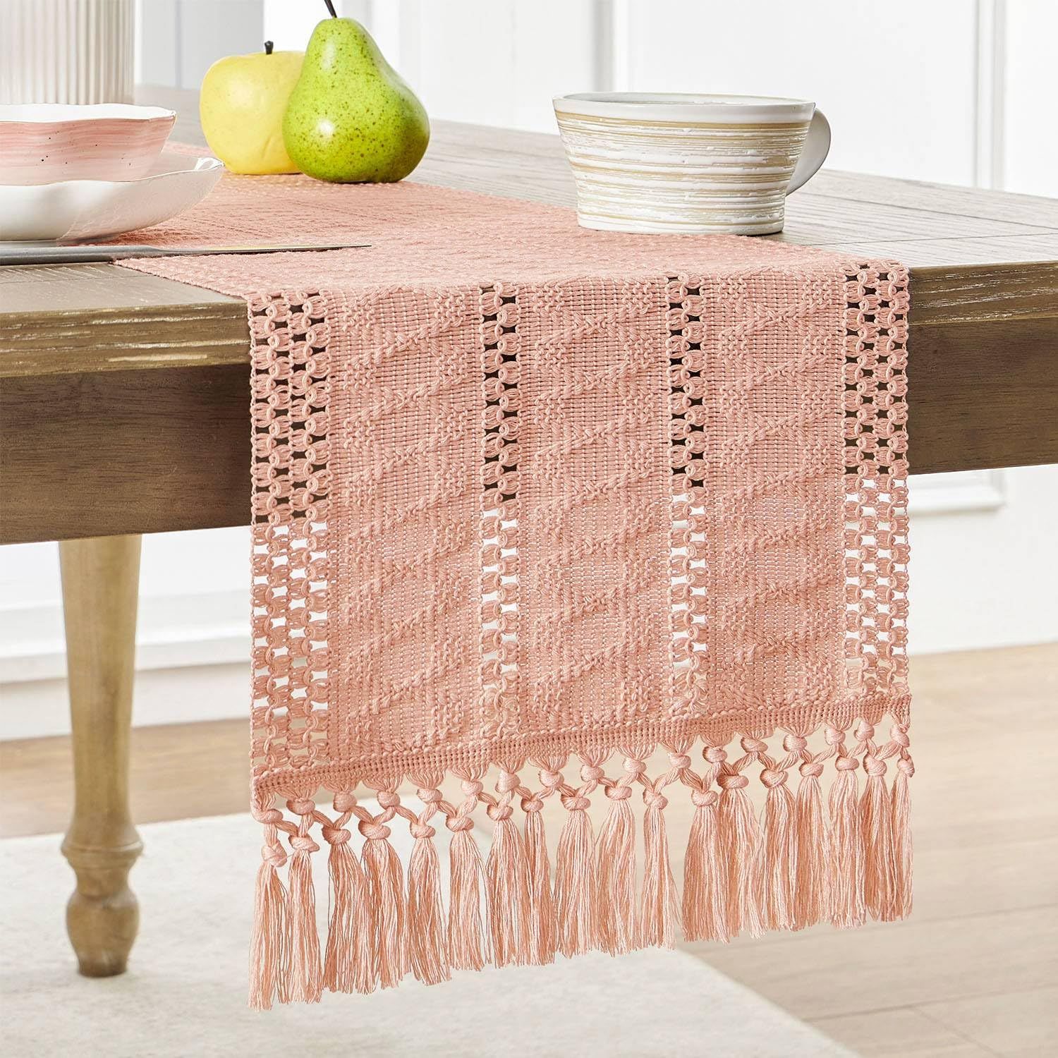 Style Boho Table Runner, Pink Table Runners 90 Inches Long, Farmhouse Woven Home Decor, 12 × 90 Inch, Rose Pink