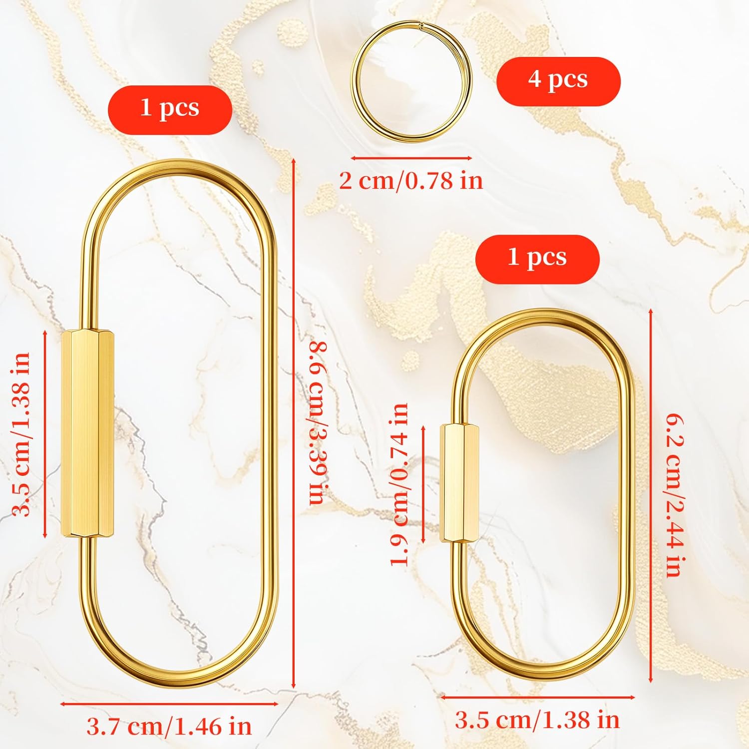 2-Pack Gold Brass Screw Lock Keychains with 4 Rings, Gold Carabiner Key Ring Keychain - 2 Sizes Keychain Clip Tool for Luggage Tags, Key Tags, Keyrings, Purse