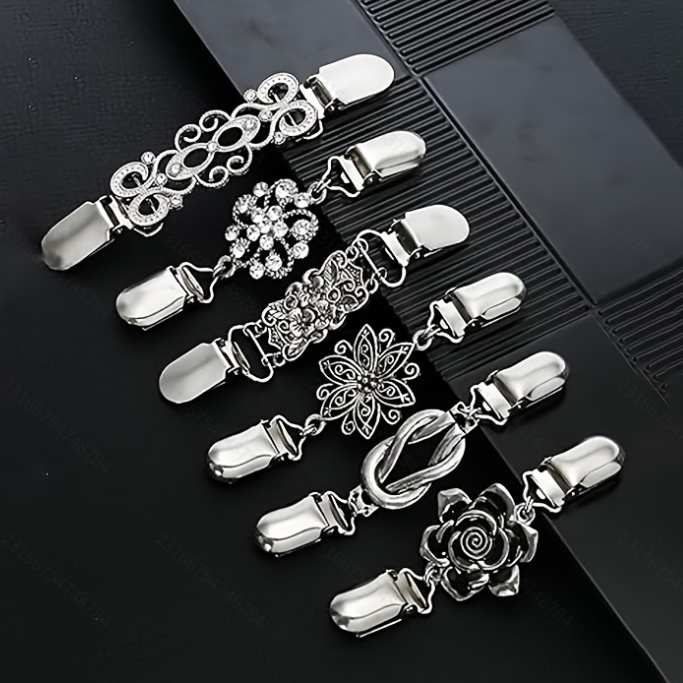 6 pcs Silvery Vintage Sweater Shawl Clip Brooch - Decorative Cardigan Collar Fastener with Rhinestone and Floral Design, Retro Alloy Cape Clasp for Scarves