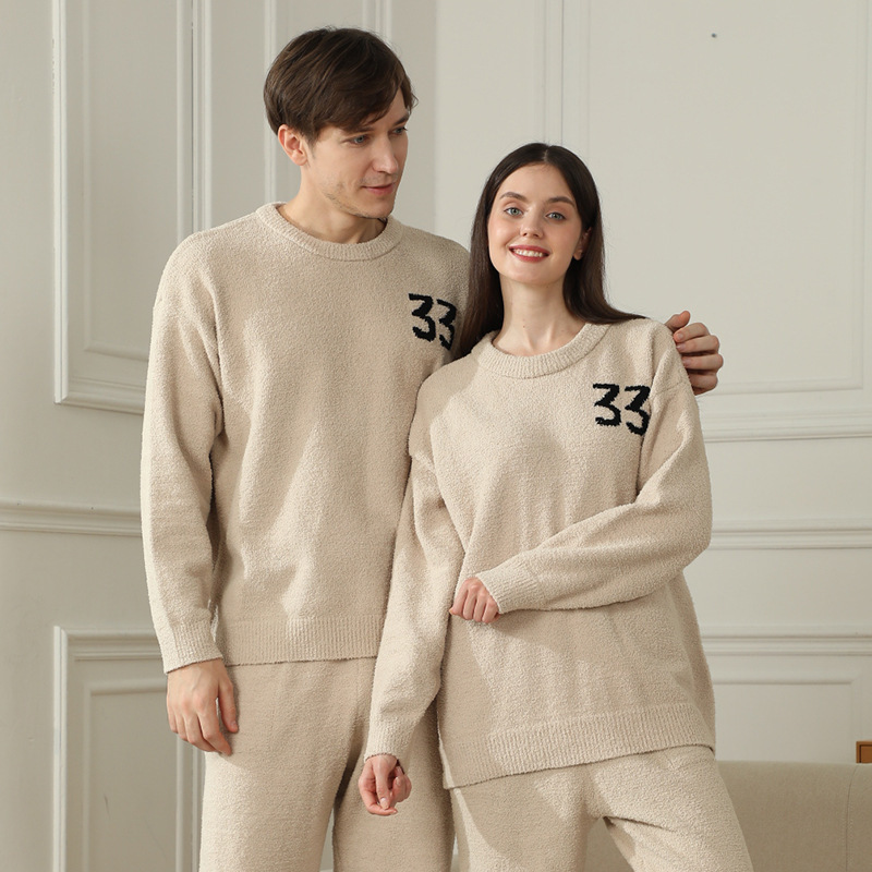 Khaki Men's Warm & Cozy Semi-Flannel Couple's Pajamas โ Knitted Digital Pattern, Soft Fleece Fabric, Pullover Style: The Ideal Choice for Loungewear in Autumn โ image 2