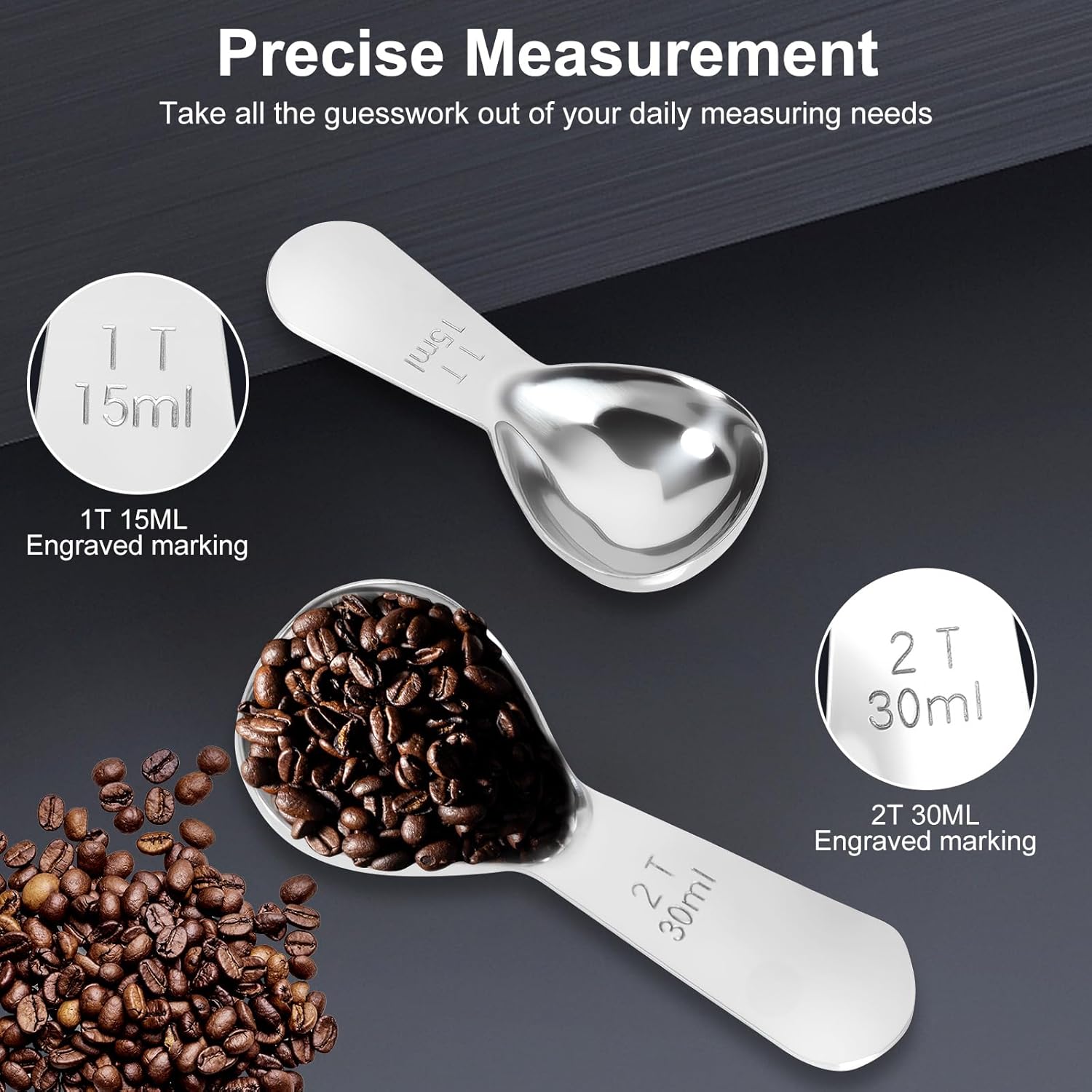 2Pcs Coffee Scoops, Premium 18/8 Stainless Steel Coffee Spoons, Set of 2 Short Handled (1 Tablespoon & 2 Tablespoon) Coffee Measuring Spoon for Ground Coffee — image 4