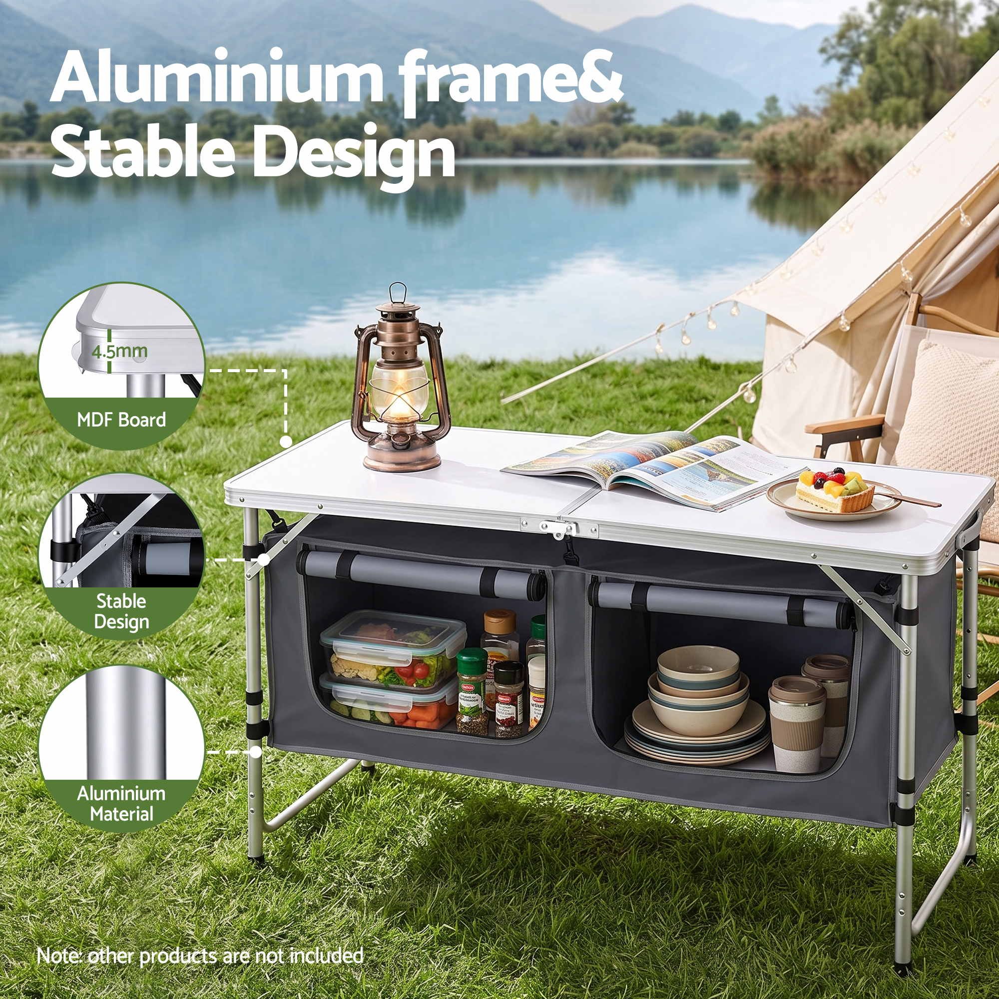 Weisshorn Camping Table Adjustable Storage Cabinet Aluminum MDF 120cm Grey — image 5
