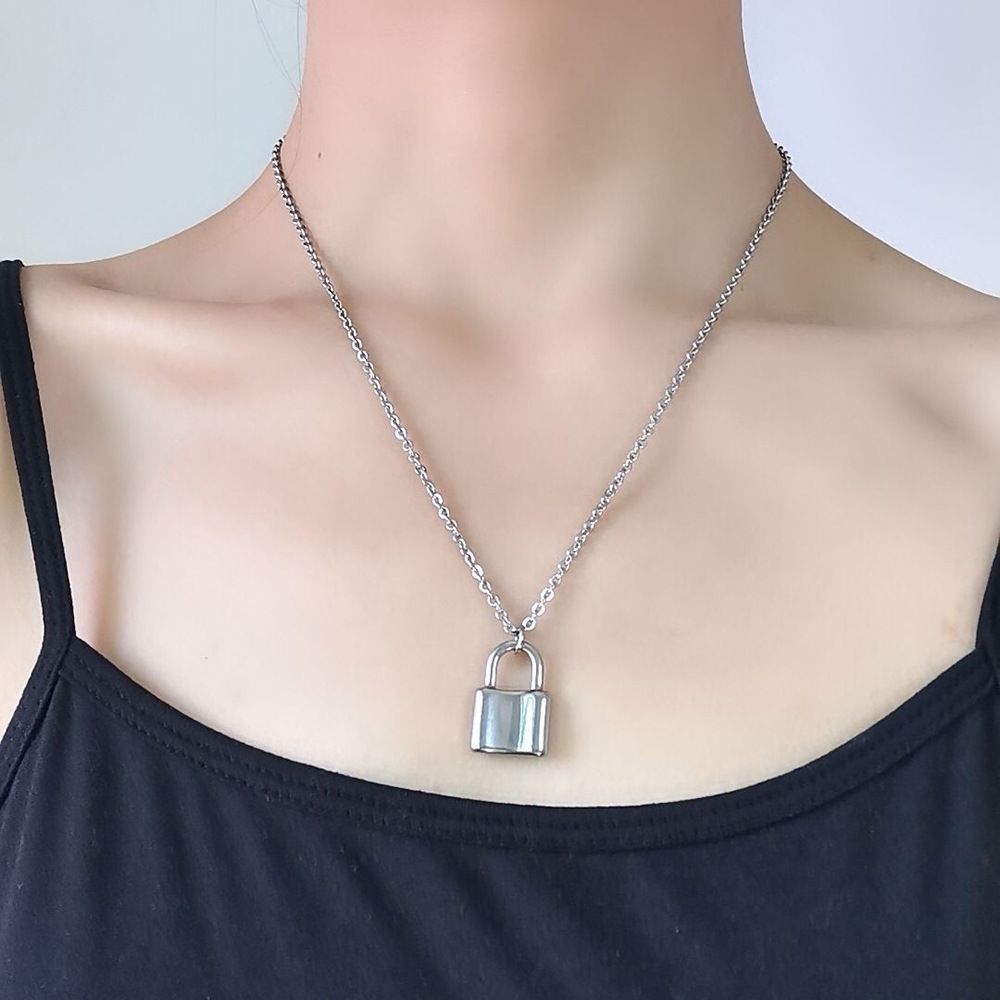 Cute Silver Lock Necklace for Women.Punk Metal Padlock Y Pendant Necklace,Geometric Lock Type Choker Necklace Girl Aesthetic โ image 4