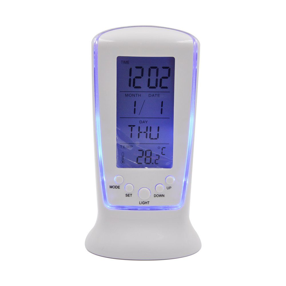 White Battery Powered LED Digital Music Desk Alarm Clock with Purple Backlight Thermometer Calendar Display Function