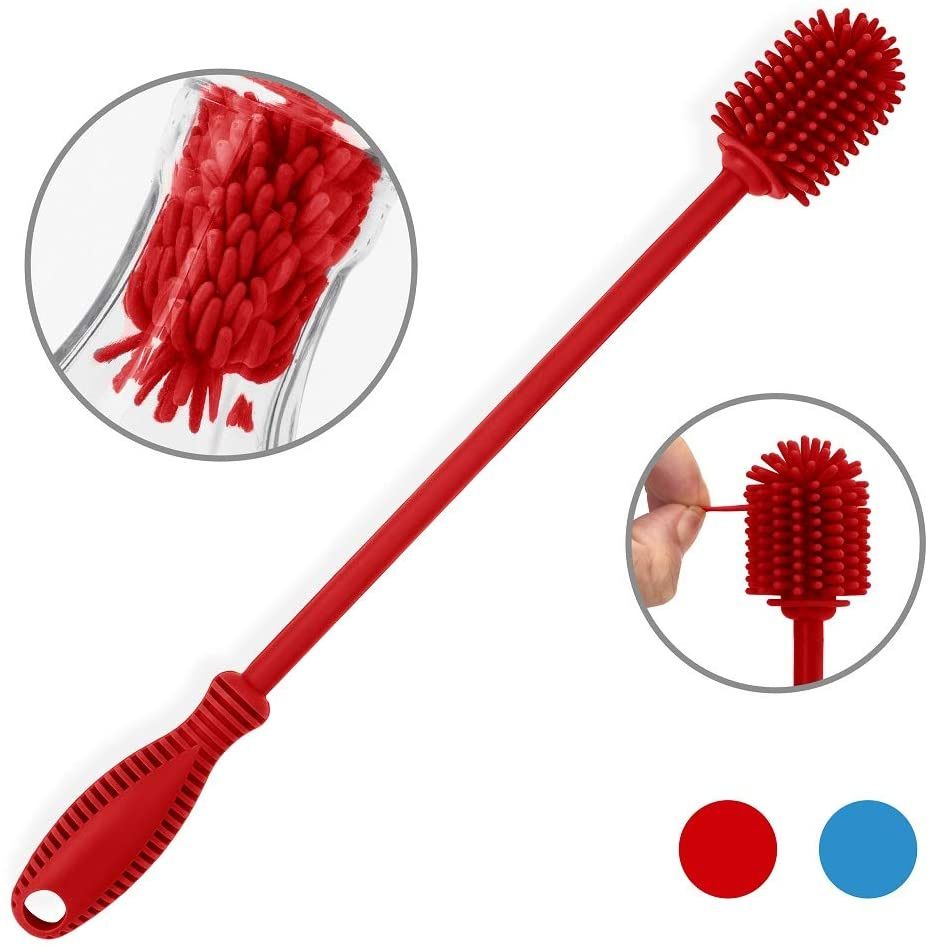 Silicone Bottle Cleaning Brush with Long Handle,Sports Bottle, Vase, Glassware, Perfect for Smaller Diameter Bottle Openings (Red) — image 2