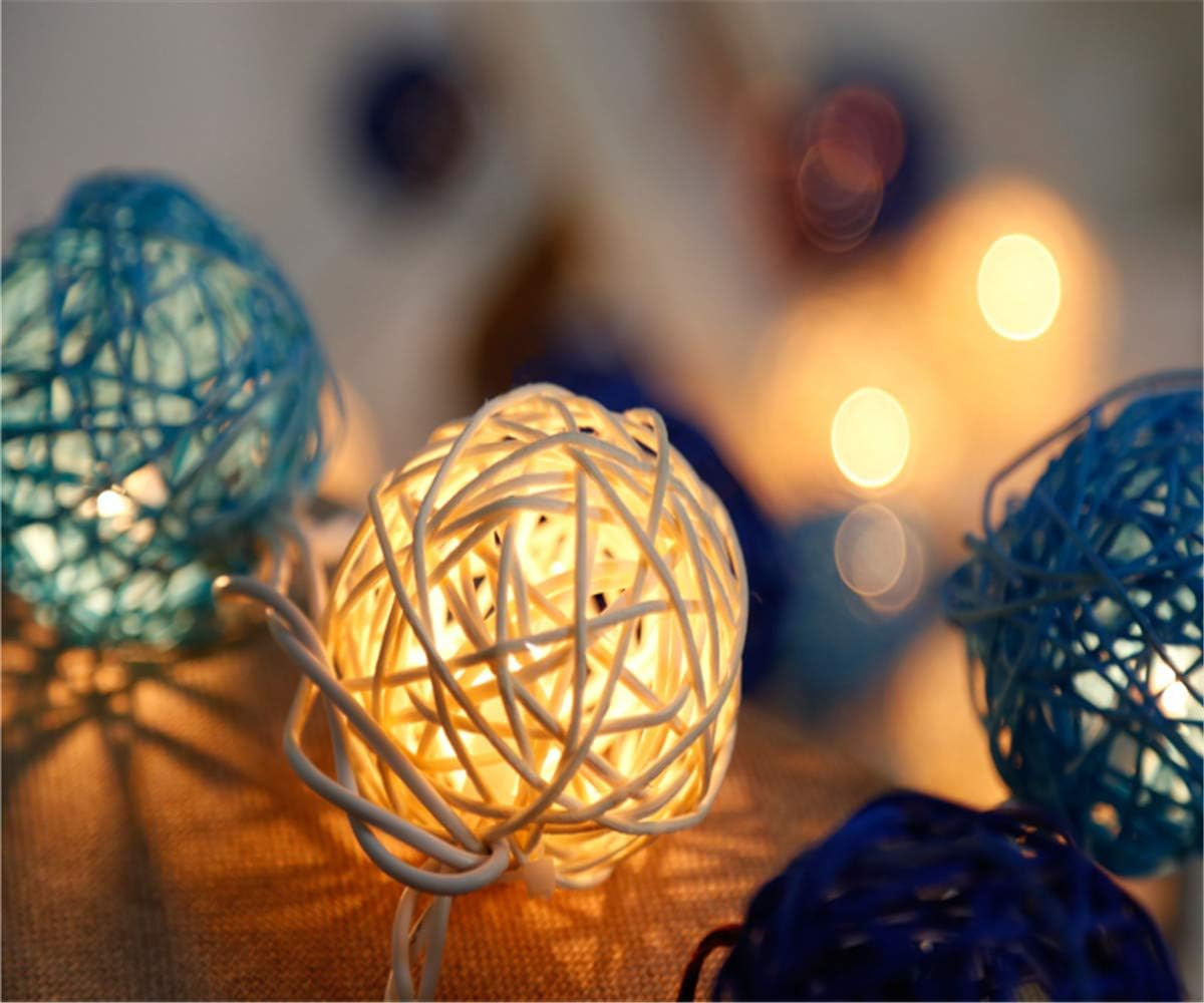 1 Set of Blue n White 5cm Rattan Cane 20 Ball Battery Powered 3m String Lights Christmas Gift Home Wedding Party Bedroom Decoration Table Centrepiece — image 5