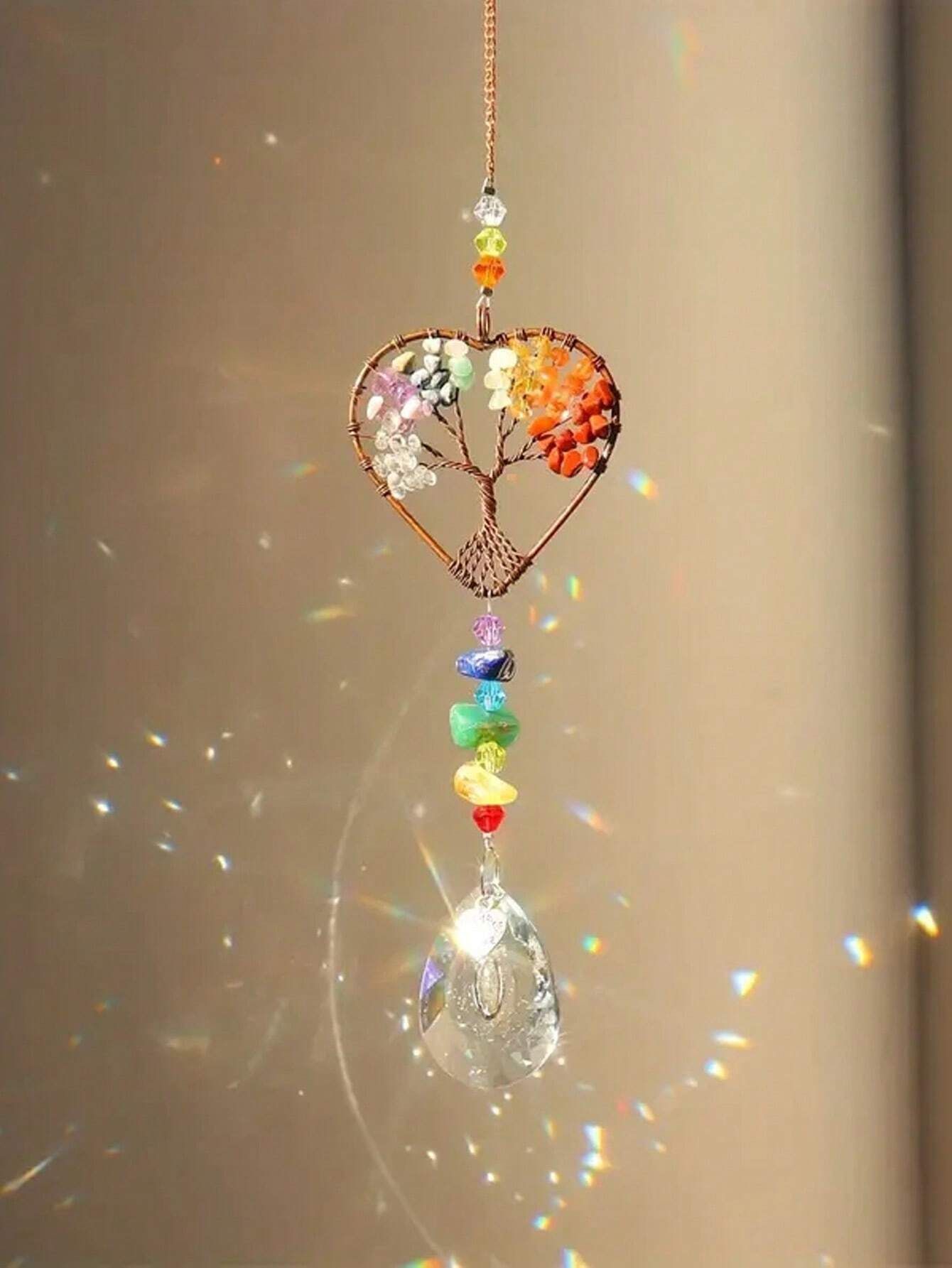 1PC Rainbow Sun Catcher Tree Of Life Heart Shaped Ornament Chakra Wheel Stone Window Ball Prism Hanging Garden Home Car Decoration Wall Decor B Ideal Valentine — image 3