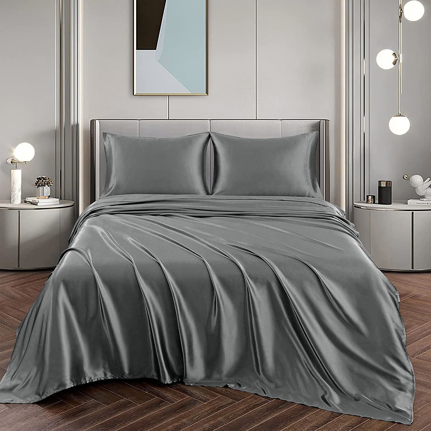 Art Silk Satin Sheet Set Hotel 4 Pieces Fitted/Flat Sheet Bedding Set-Luxury Soft Silky Sheets for Hair and Skin, Similar to Silk Bed Sheets Set 4