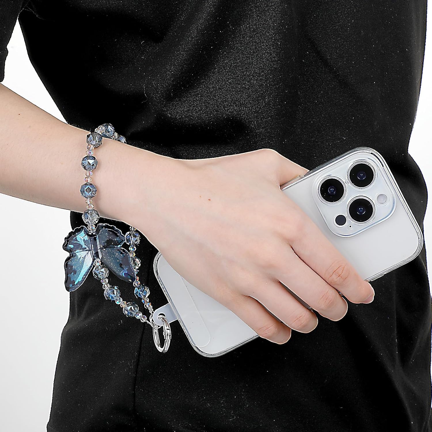 Cute Phone Charm Wrist Strap with Spacer,Butterfly Beaded Phone Chain Wristlet for Case Cellphone Chain Lanyard — image 3