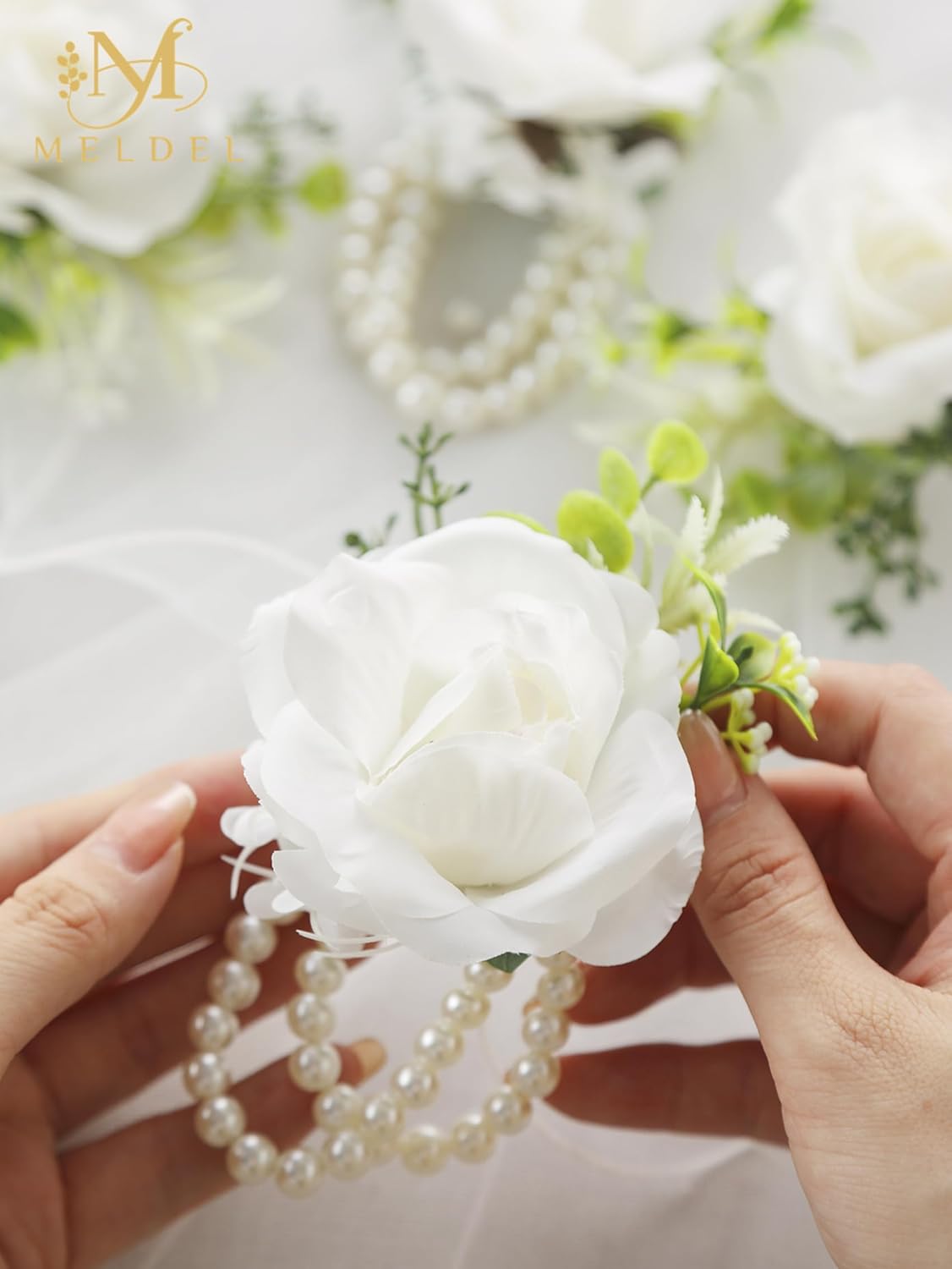 White Ivory Rose Wrist Corsage, Set of 6, Wedding Bridal Flower Corsage Hand Decor for Prom Party Homecoming, Wristband Flowers Bride, Bridesmaid, Girl — image 2