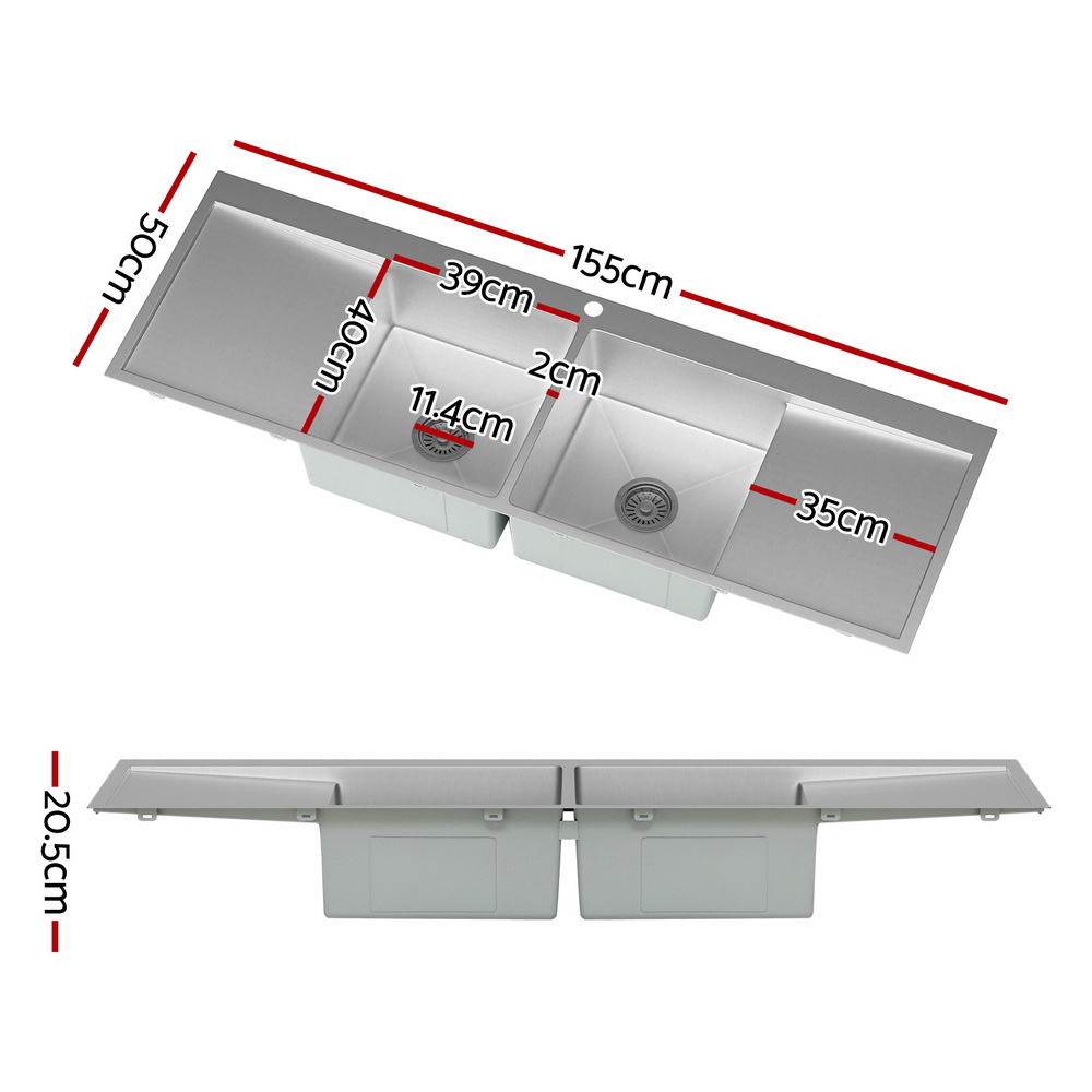 Cefito Kitchen Sink Basin Stainless Steel Under/Top/Flush Mount Bowl 155X50CM โ image 2