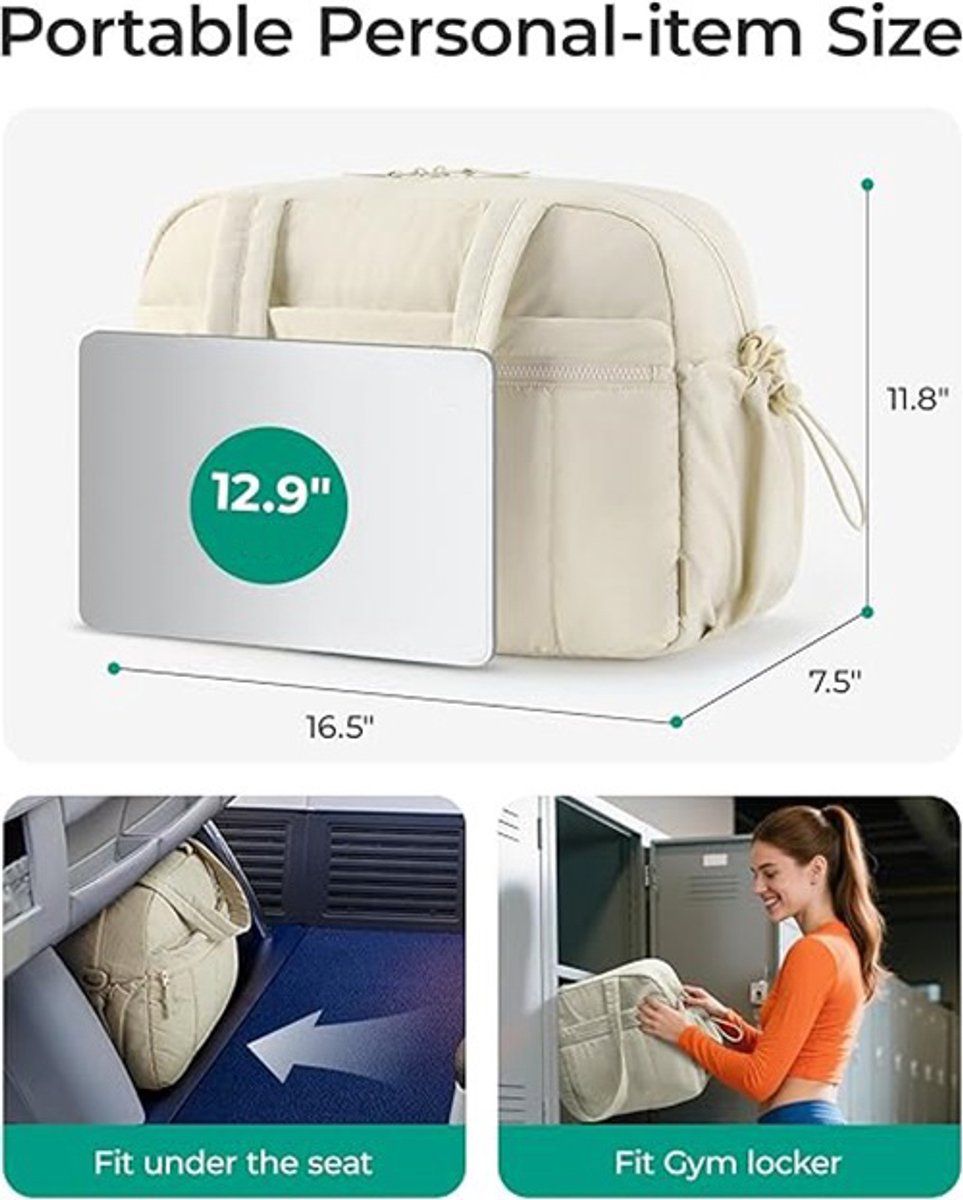 Travel Gym Duffle Bag With Wet Pocket, Compact Carry On Weekender For Men Women Training Sports Trips, Off White, 40 x 20 x 28 cm โ image 4