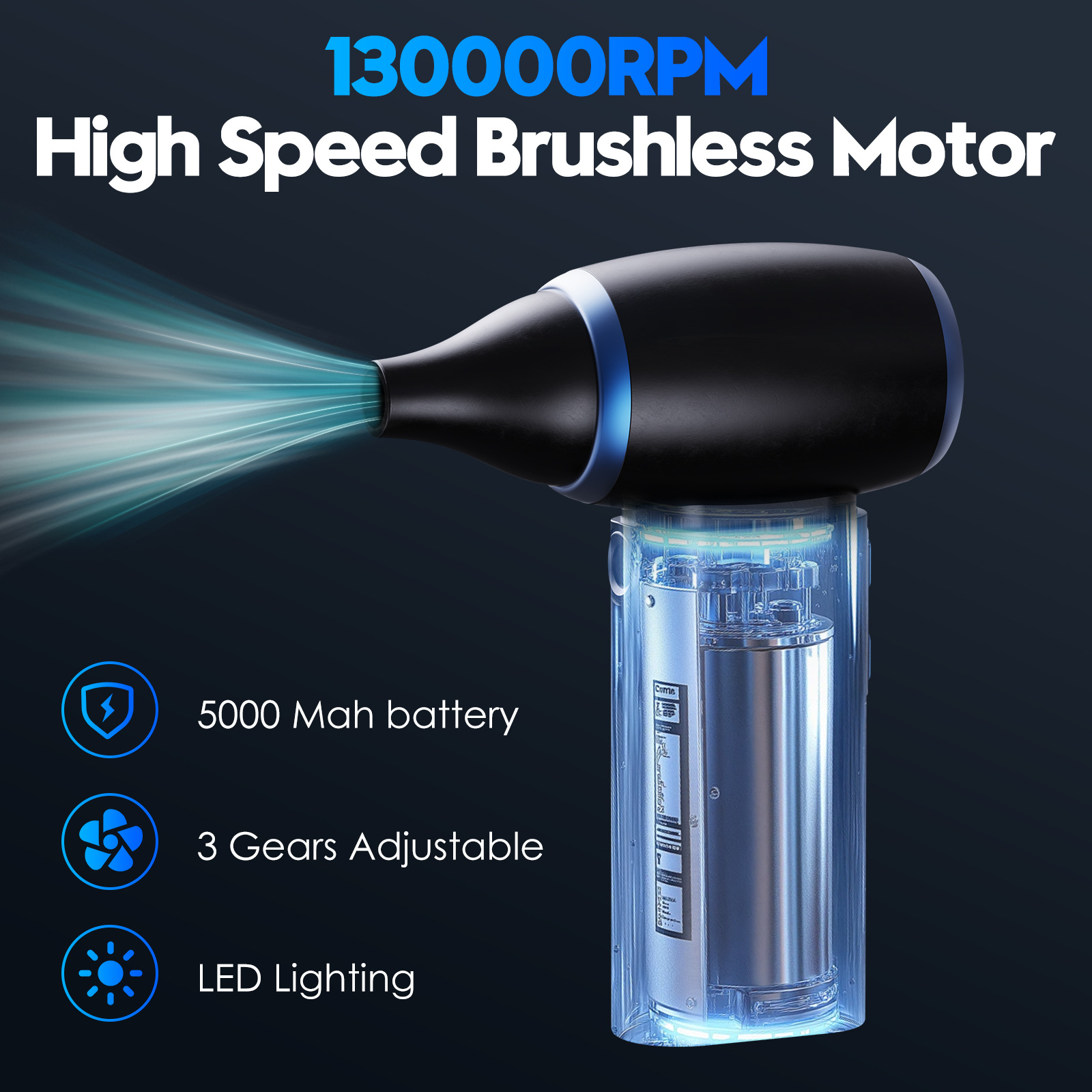 Black Portable Turbo Handheld Blower Fan - 130000RPM High-Speed Mini Fan with 5000mAh Battery — image 2