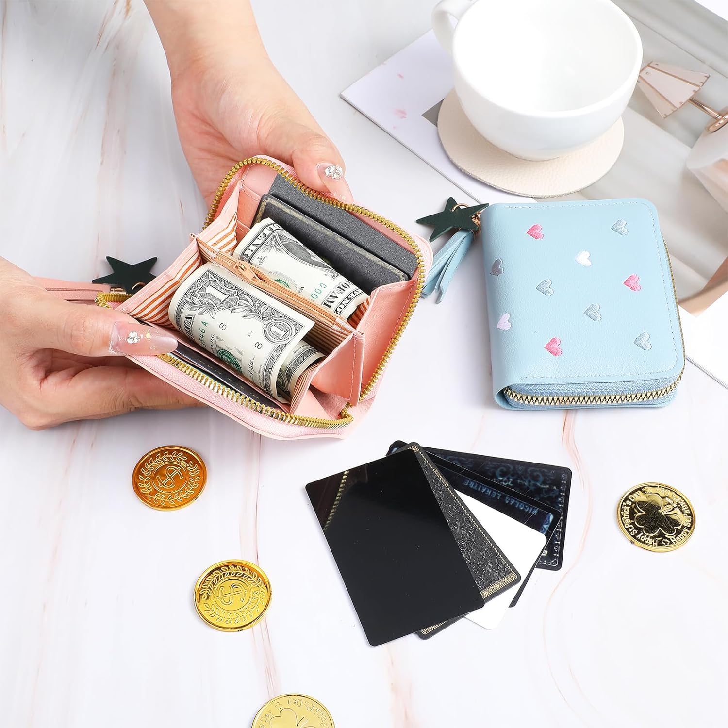 2 PCS Wallets for Girls, Small PU Leather Girls Wallets for Kids 6-8 with Zipper and Card Slots, Cute Credit Card Holder with Heart-embroidery Star Tassels — image 5