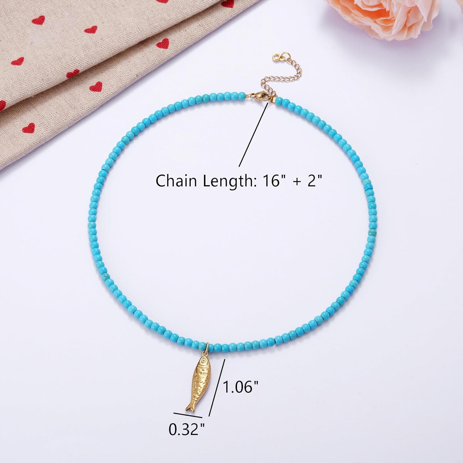 Kvekstio Turquoise Beaded Choker Necklace for Women, Gold Fish Pendant Necklace with Gold Chain, Elegant Boho Beach Summer Gift — image 2