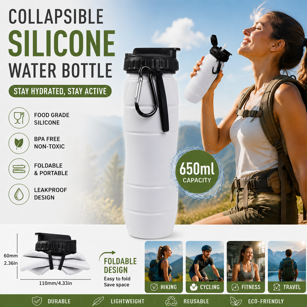 Gray Collapsible Silicone Water Bottle - 650ml Foldable Travel Bottle with Straw Lid, Food Grade Silicone Hiking Flask, Leak Resistant Portable Water Bottle