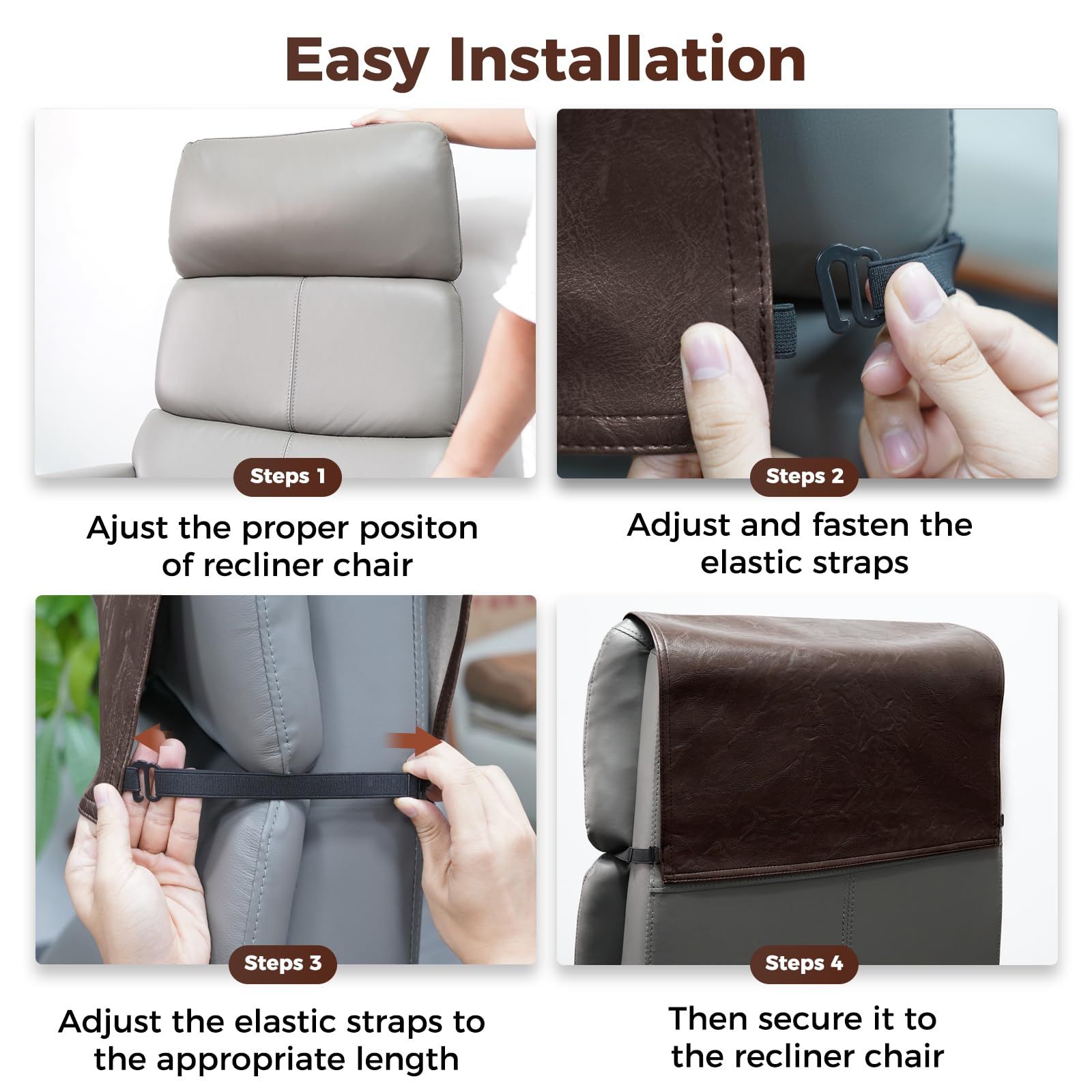 Headrest Cover for Recliner Chair Recliner Headrest Protector Faux Leather Headrest Cover with Elastic Straps Couch Headrest Covers for Furniture — image 3