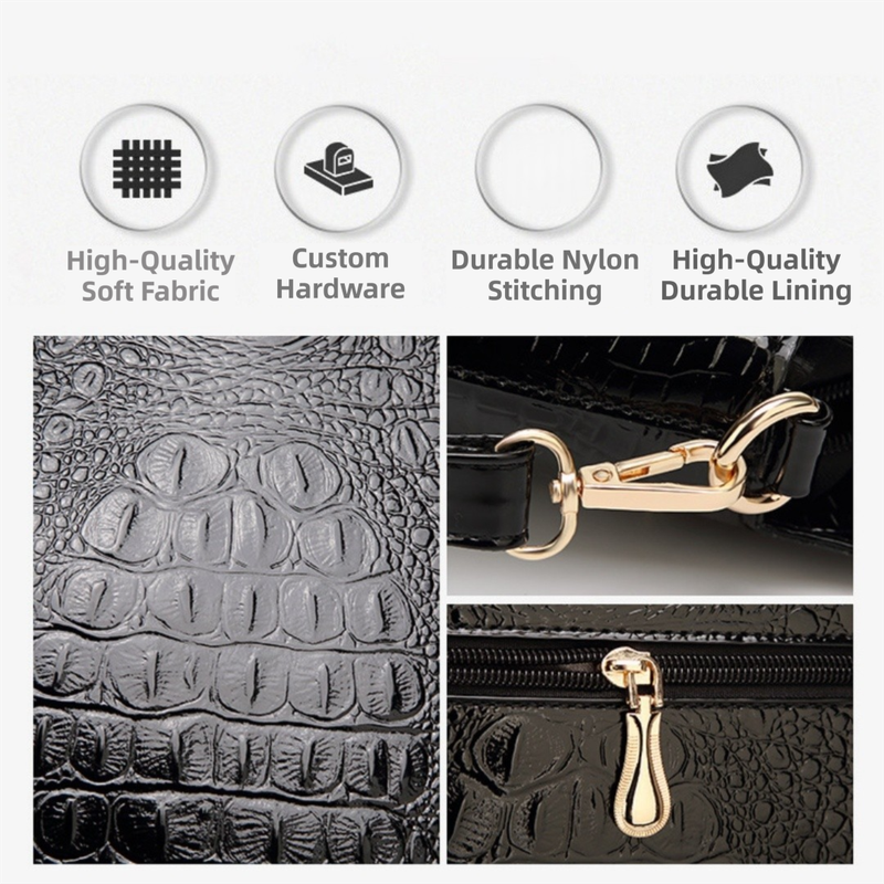 Dark Blue Patent PU Leather Crocodile Embossed Shell Bag(30 × 11 × 26 CM) with Floral Pendant — image 3