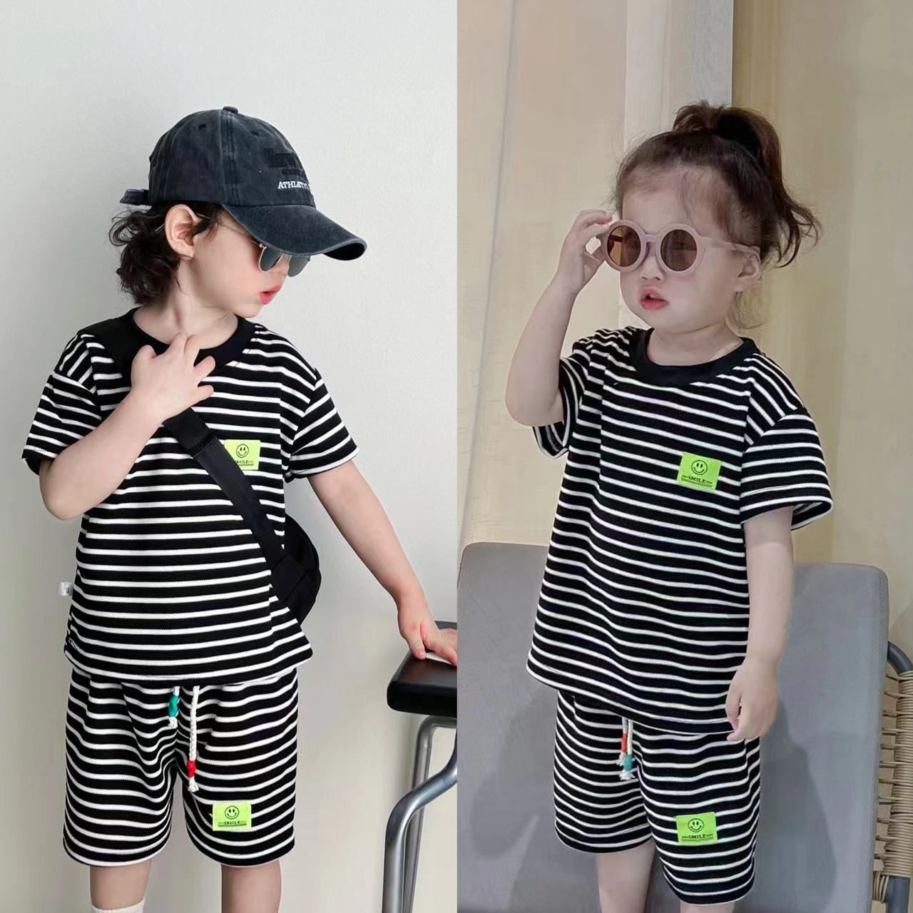 Kunxi Beibei Boys Girls Summer Striped T-Shirt... Korean-style black striped suit 100cm โ image 3
