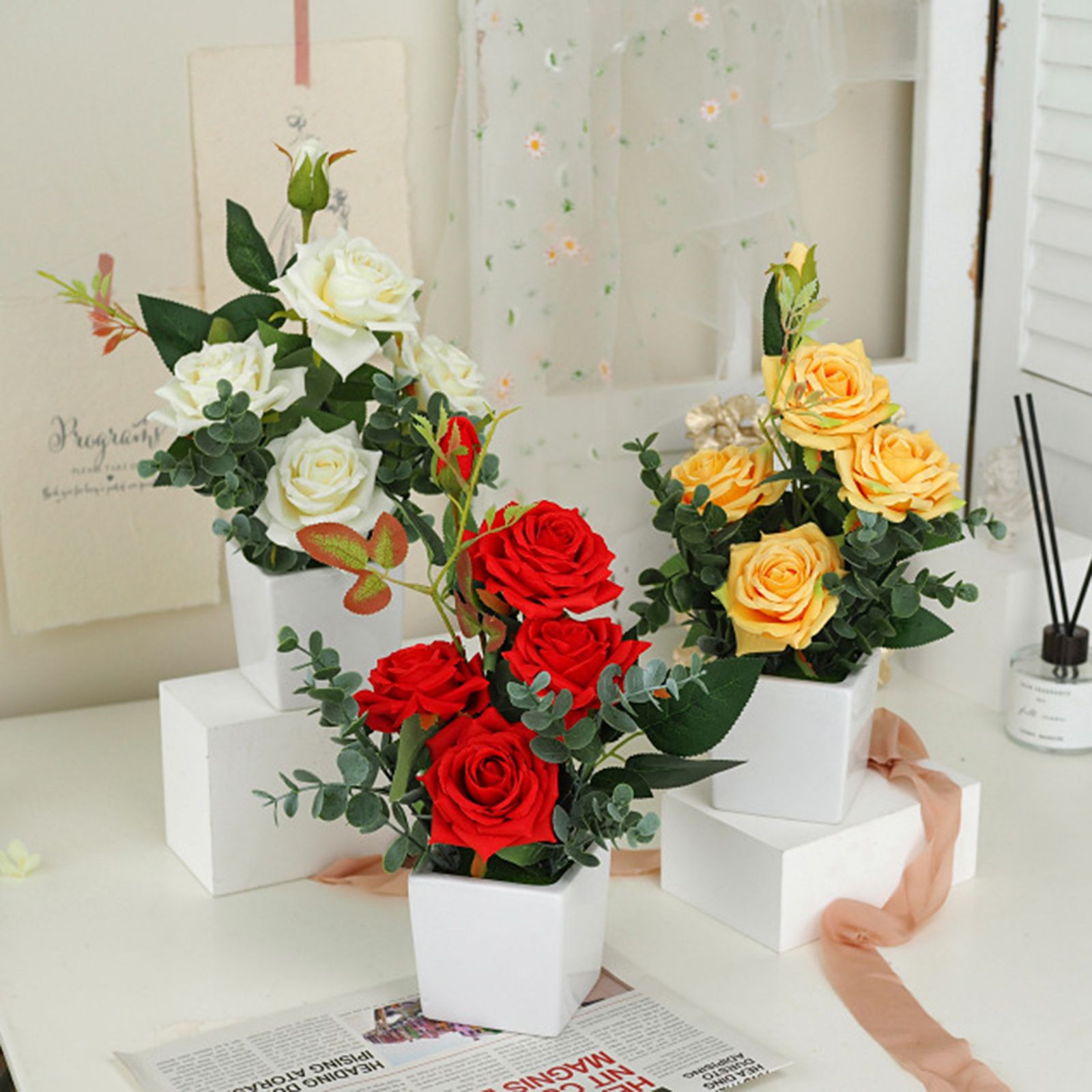 Rose Potted Plant Simulation Flowers Ceramic Small Bonsai Artificial Rose Potted — image 5