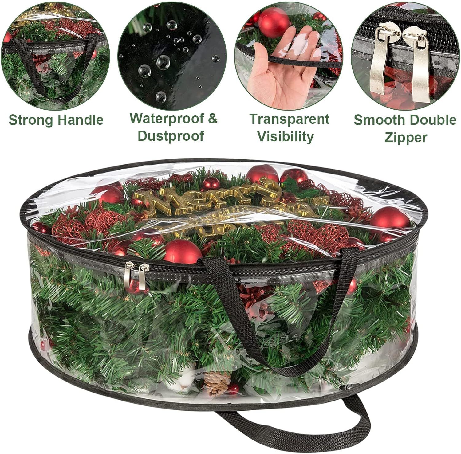 4 PCS Clear Wreath Storage Bag, 24x8 Inch Christmas Wreath Storage Container, Heavy Duty PVC Wreath Protector with Handle (Black) — image 2