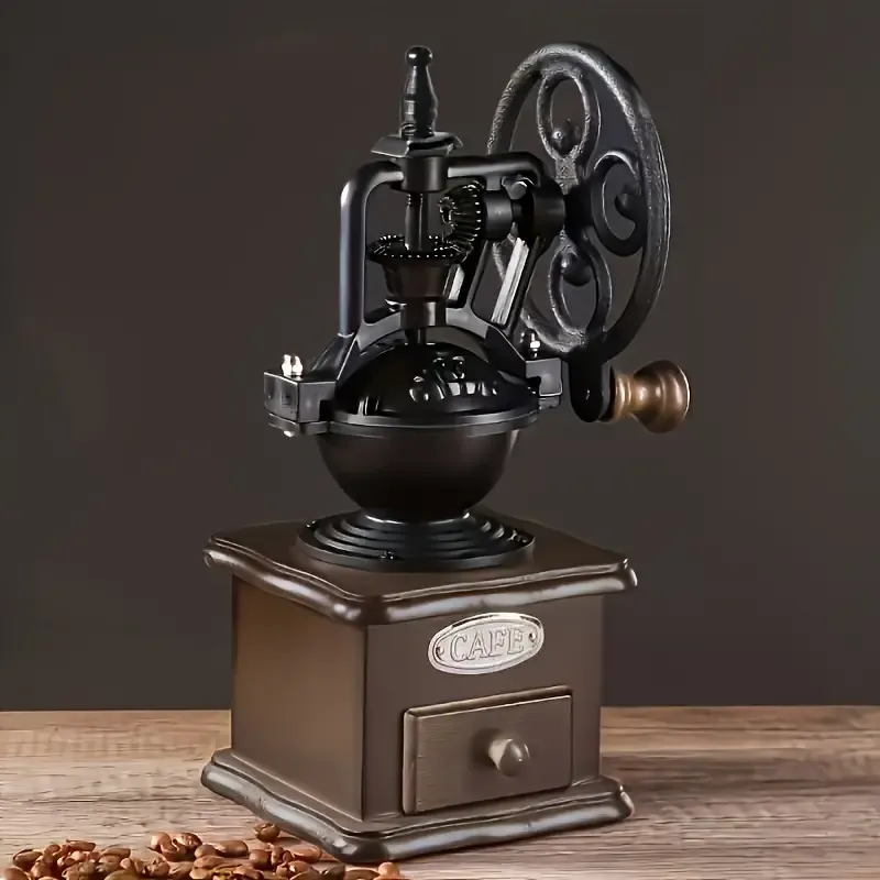 Vintage Solid Wood Manual Coffee Grinder – Cast Iron Carved, Adjustable Grind, Pull-Out Drawer, No Mess, Perfect for Pour-Over & French Press, Retro Home Decor — image 2