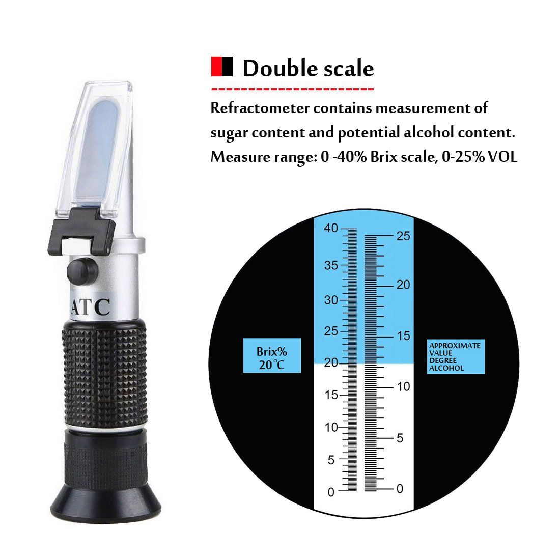 Wine Refractometer,V-Resourcing Hand Held Brix/Alcohol Refractometer with ATC for Wine Making Homebrew Kit, Dual Scale — image 2