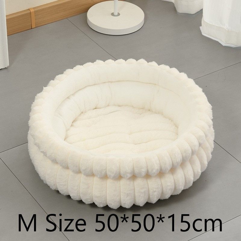 Washable Faux Rabbit Fur Round Pet Bed, Plush Warm Anti-Moisture Pet Sleeping Nest, Cream White, Size M, 19.69x19.69x5.91in, Matches Light Interior