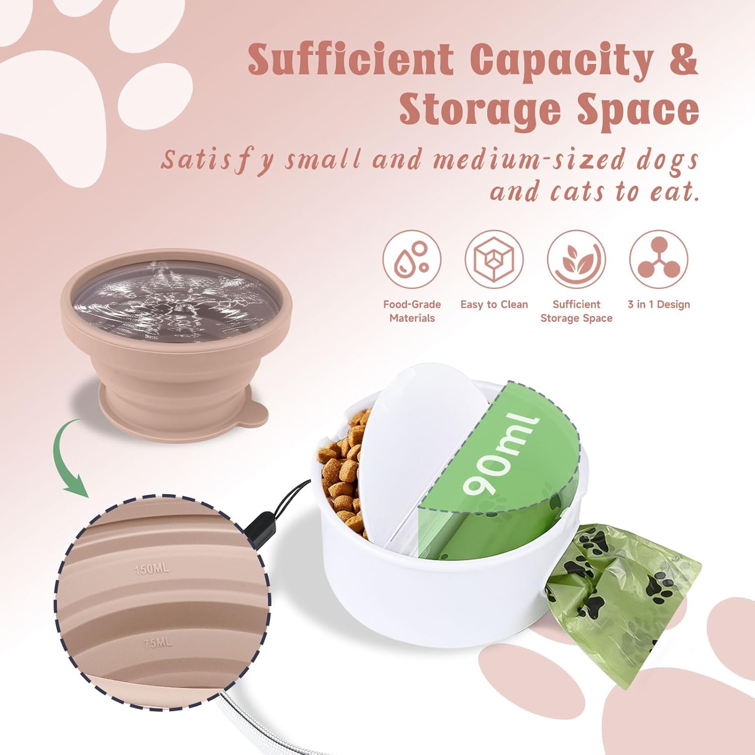 Collapsible Dog Bowl for Travel Double Feeder and Water Bowl with Lid and Carrying Strap โ image 3