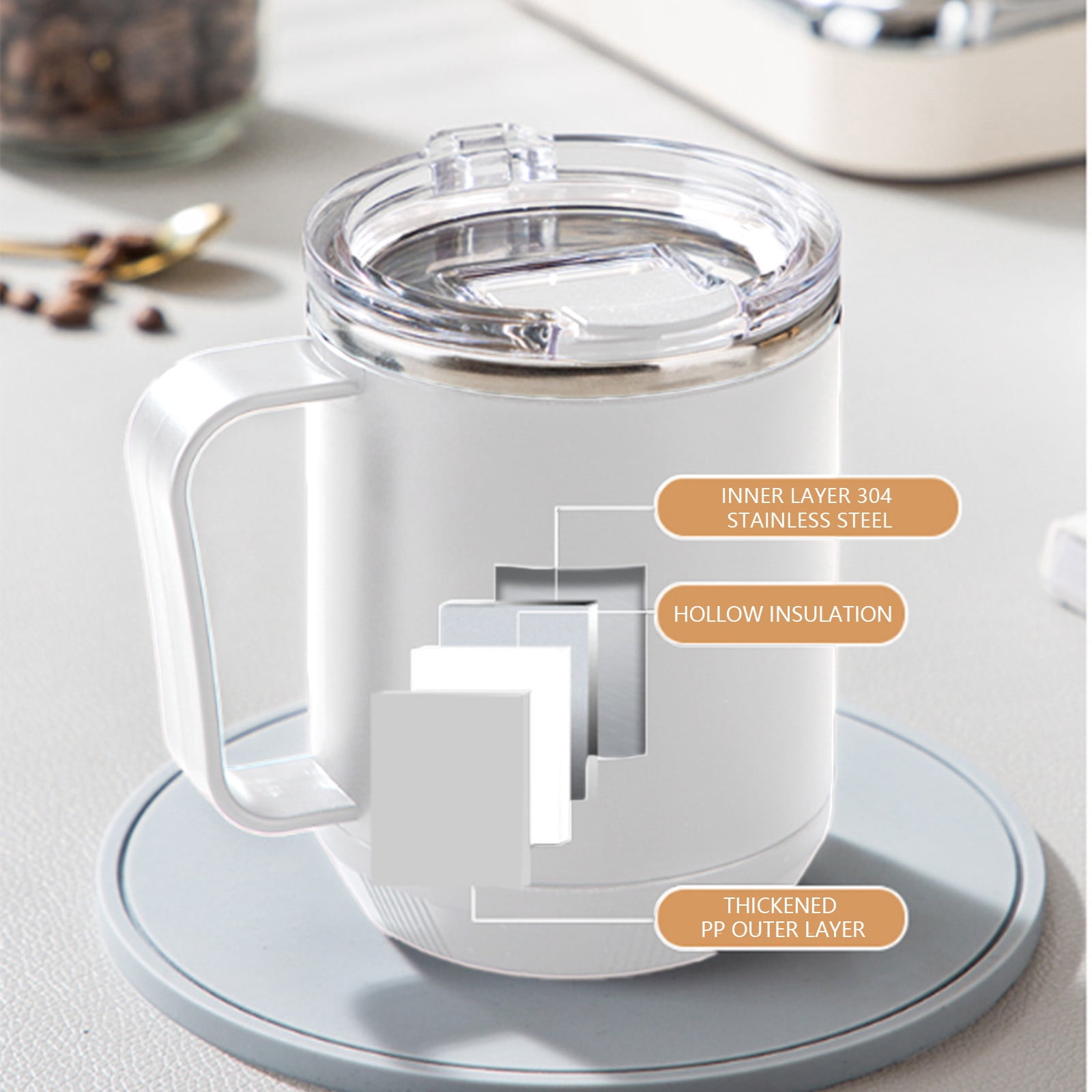 1 Piece Insulated Stainless Steel Coffee Travel Mug, Reusable Coffee Cup with Handle and Lid, Microwave Safe, White — image 3