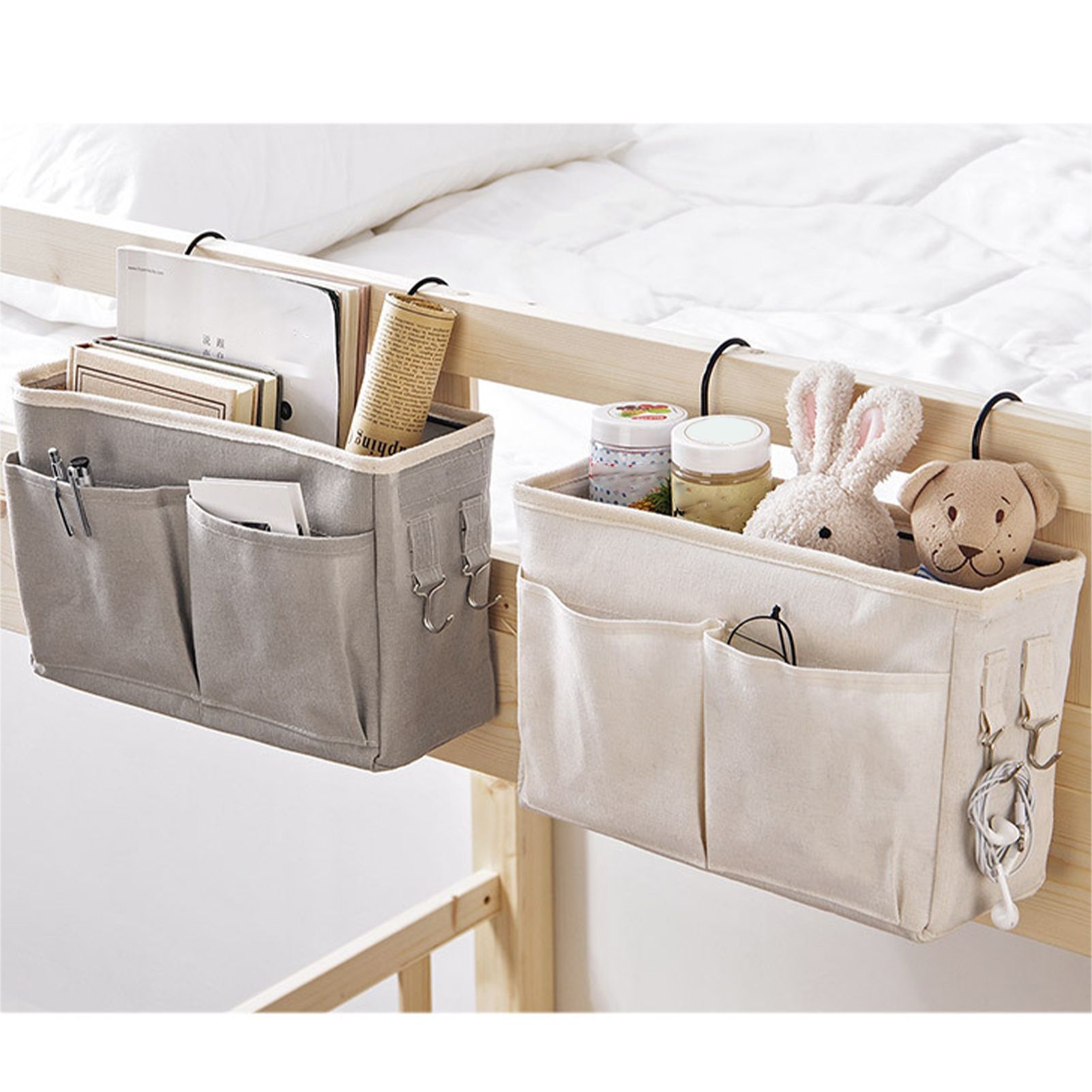 Nightstand Hanging Bag Cotton Linen Bedside Storage Pocket Organizer Basket for Bunk Bed Dorm Rooms White — image 5