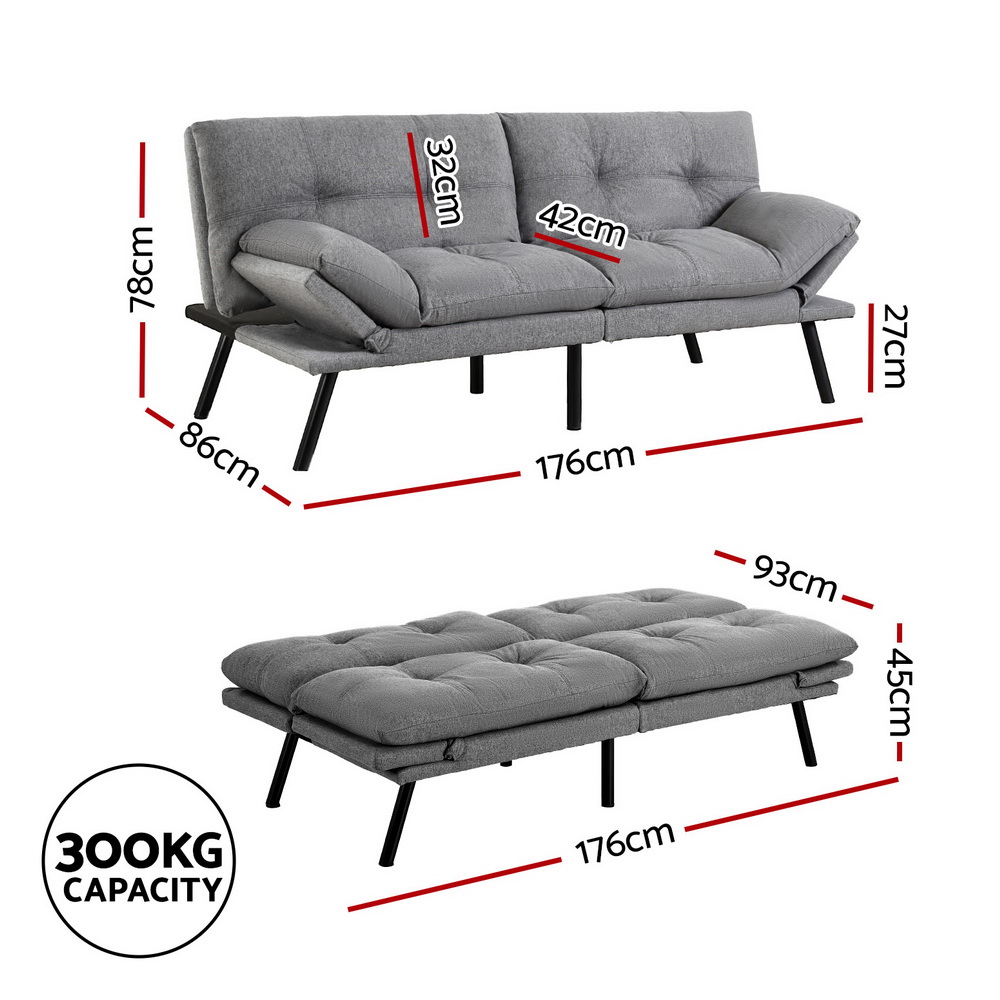 Artiss Sofa Bed Convertible 3 Seater Couch Recliner Lounge Chair Fabric Grey — image 2