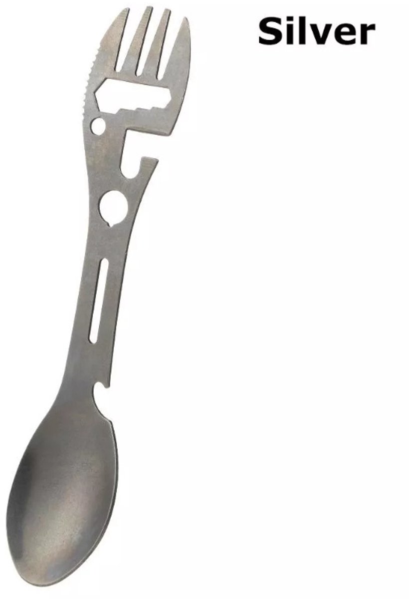 Stainless Steel Spoon and Fork - 10-in-1 Multi-Tool - Works as a combination spoon, fork, knife, bottle opener, and wrench - ideal for picnics, travel