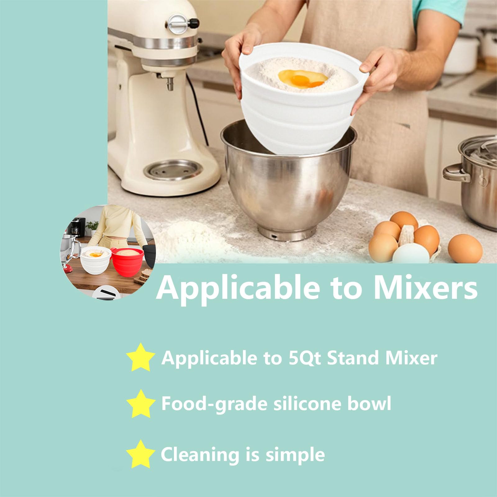 Silicone Bowl Liner for 4.5–5-Quart Stand Mixer – Food-Grade, Collapsible, Non-Stick Replacement Inner Bowl with Lid, Dishwasher Safe, Oven & Fridge Ready — image 5