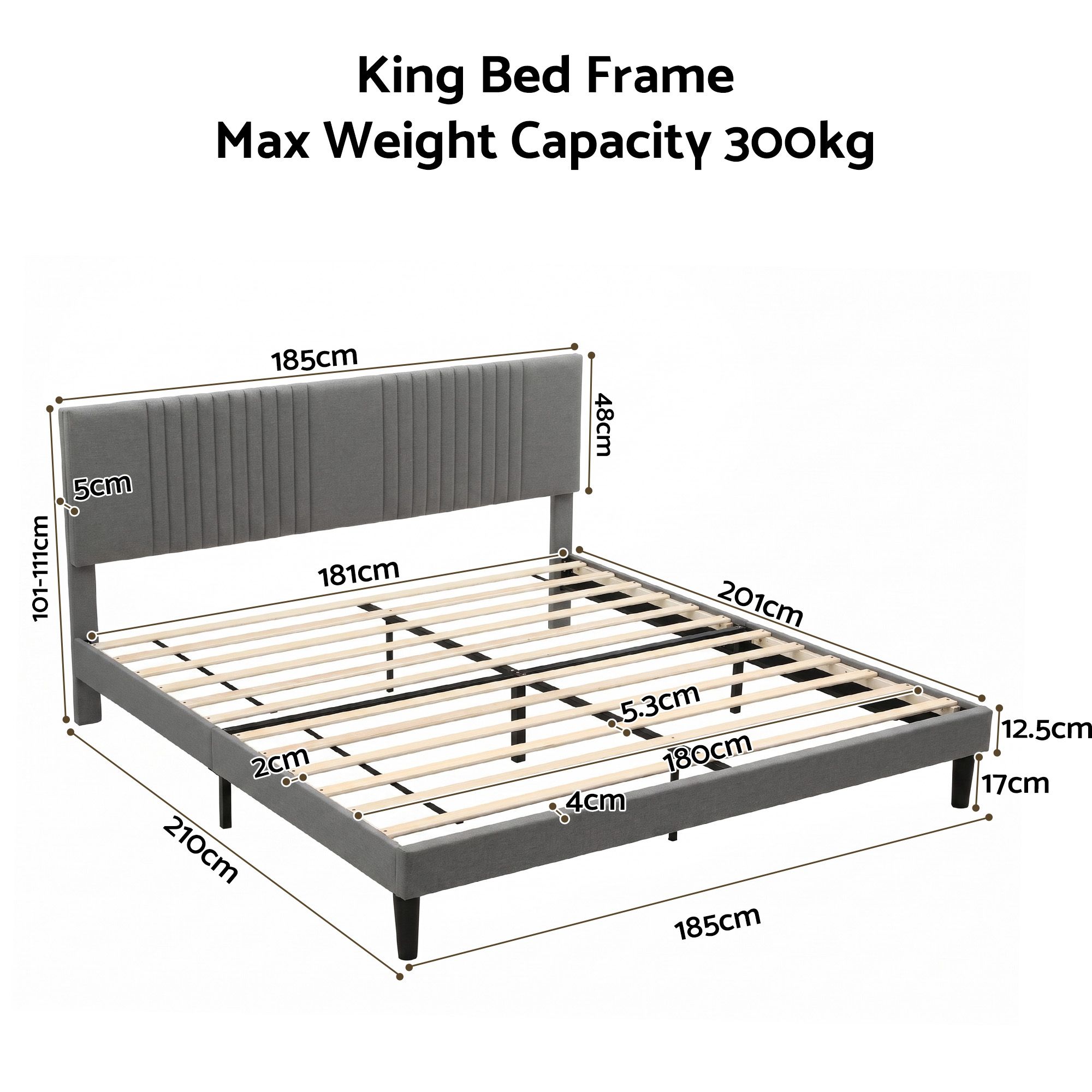 Artiss King Bed Frame with Adjustable Headboard, Grey, 300kg Capacity — image 3