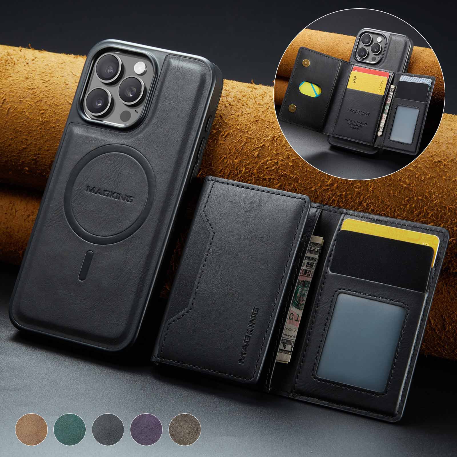 Black Premium MagSafe Wallet Case for iPhone 16 Pro - Detachable PU Leather Magnetic Card Holder โ image 2