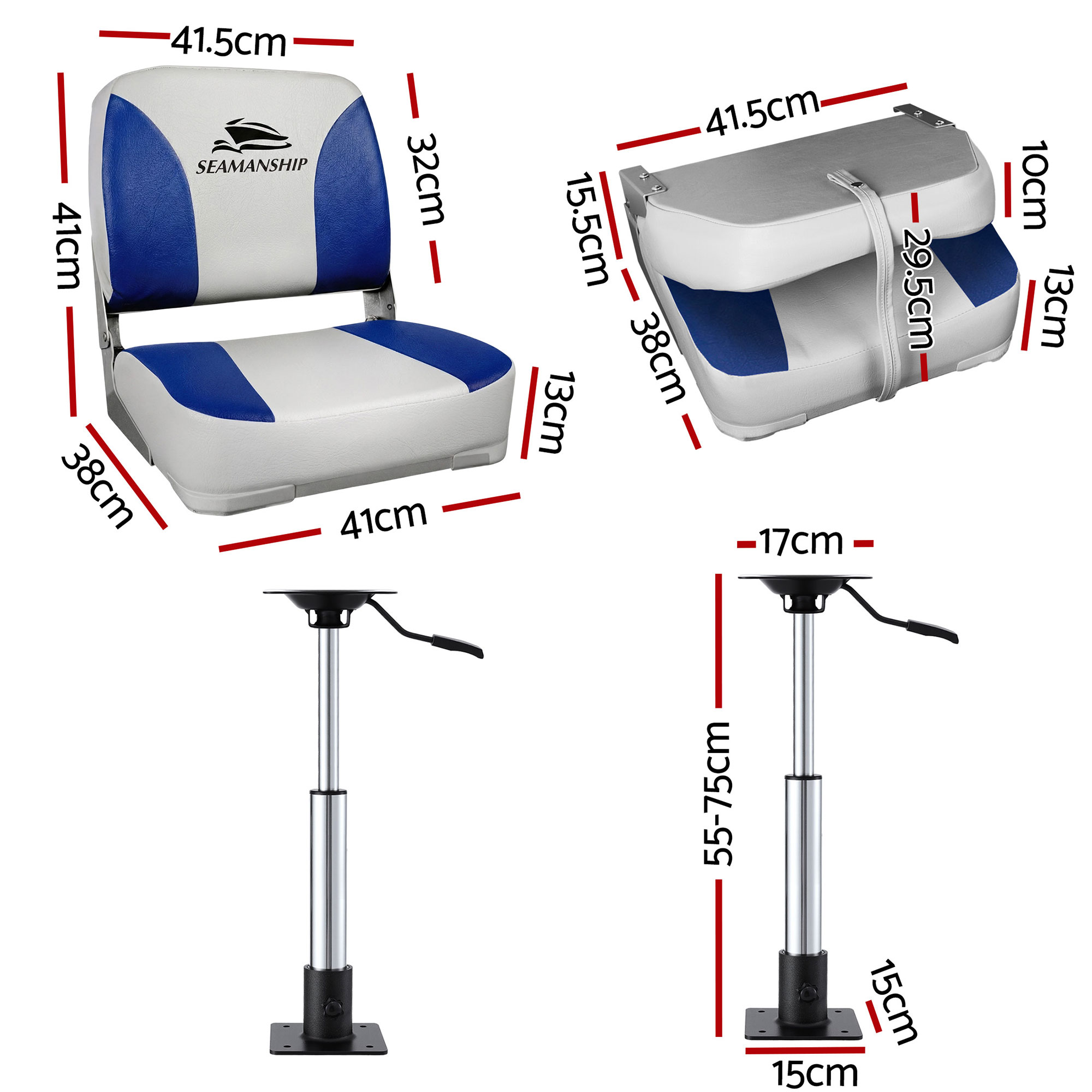 Seamanship 2X Folding Boat Seats with 2X Adjustable Pedestals 55–75cm Marine Swivel Low Back 13cm Padding White Blue — image 2