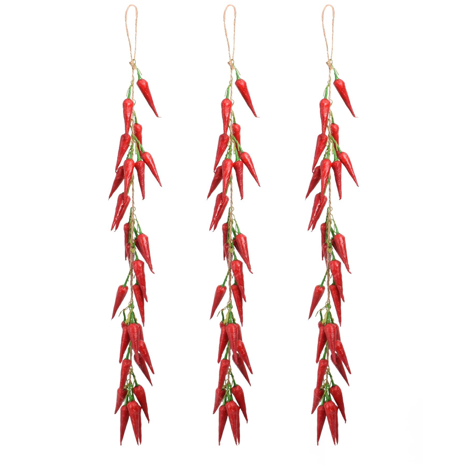 3Pcs Artificial Red Peppers, Simulation Lifelike Vegetable Fake Hanging Chili Pepper String Fruit Garland Vine for Home Kitchen