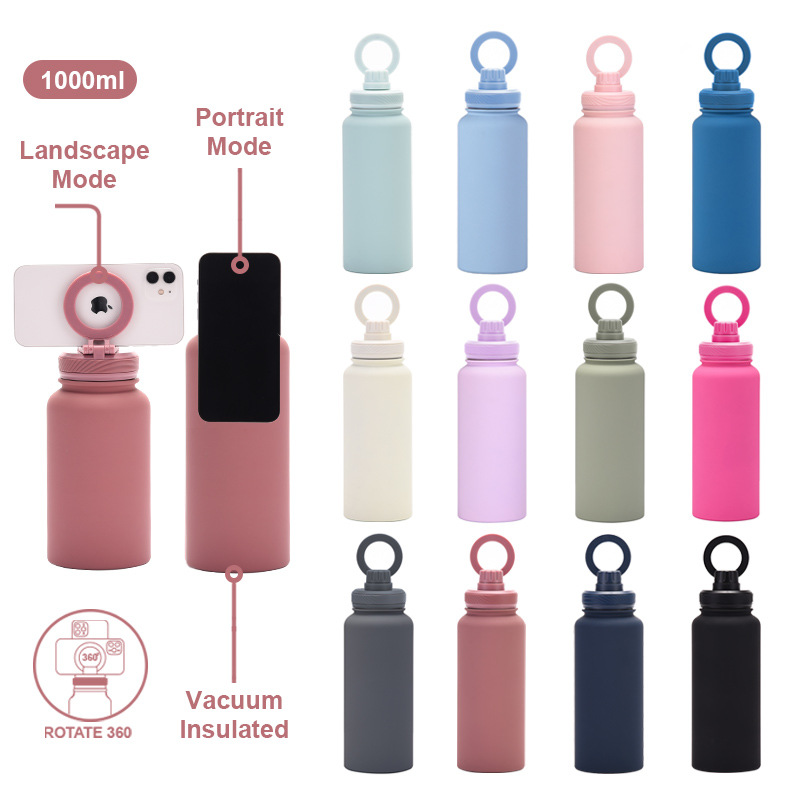 Matcha Green 1L Stainless Steel Water Bottle with Magnetic Phone Holder Lid - Portable Hydration & Hands-Free Stand โ image 3