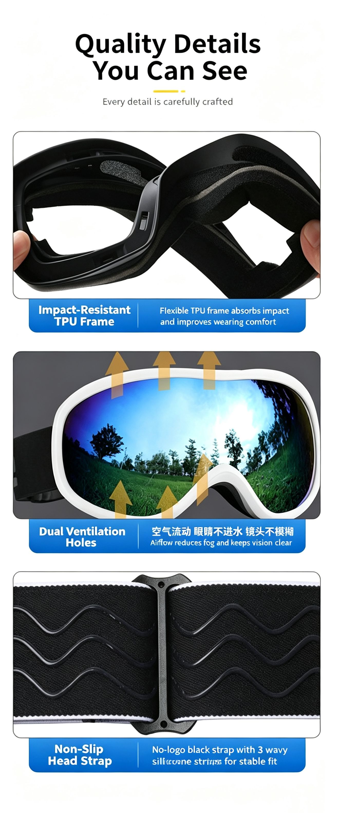Winter Double-Layer Anti-Fog Spherical Ski Goggles, Sand white+imitation powder flakes — image 5