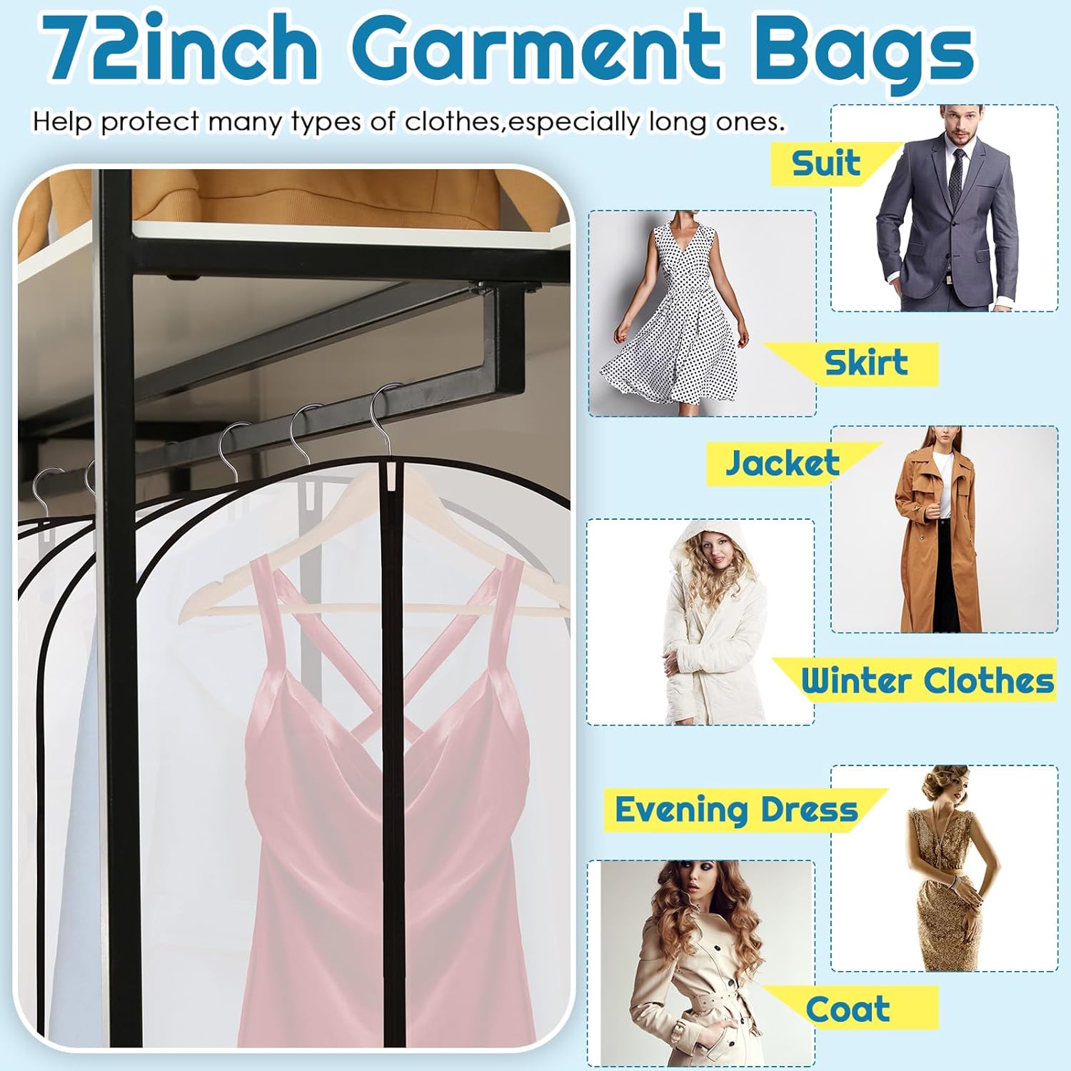 20 Pcs 24 × 72 Inch Garment Bags Bulk Hanging Clothes Storage Covers for Closet Organization Dustproof Transparent Dress Suit Bag Set Wedding Dresses Long — image 3