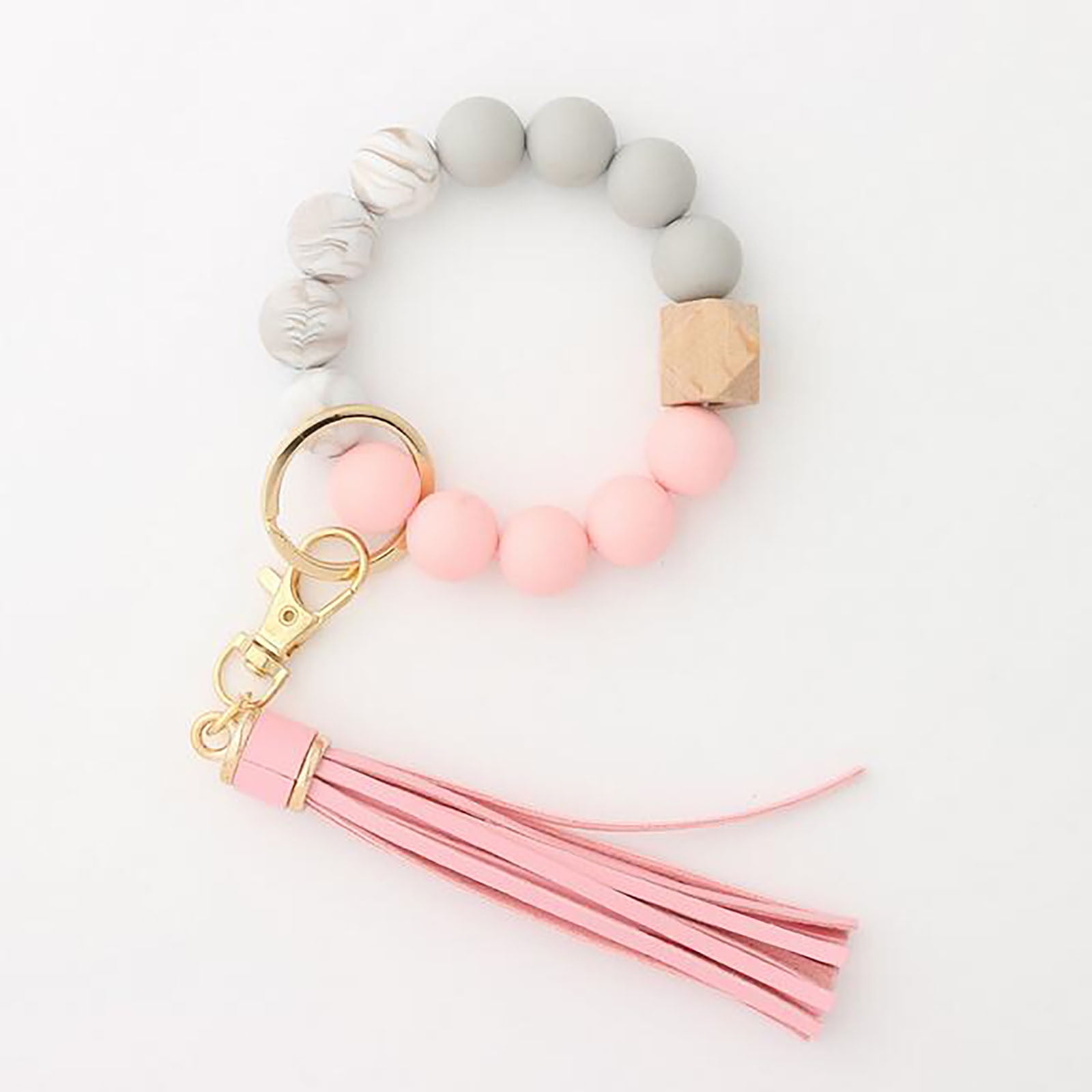 Hanging Ornament Silicone Key Ring Bracelet, Women Beaded Bangle Keychain Wristlet Leather Tassel G — image 2