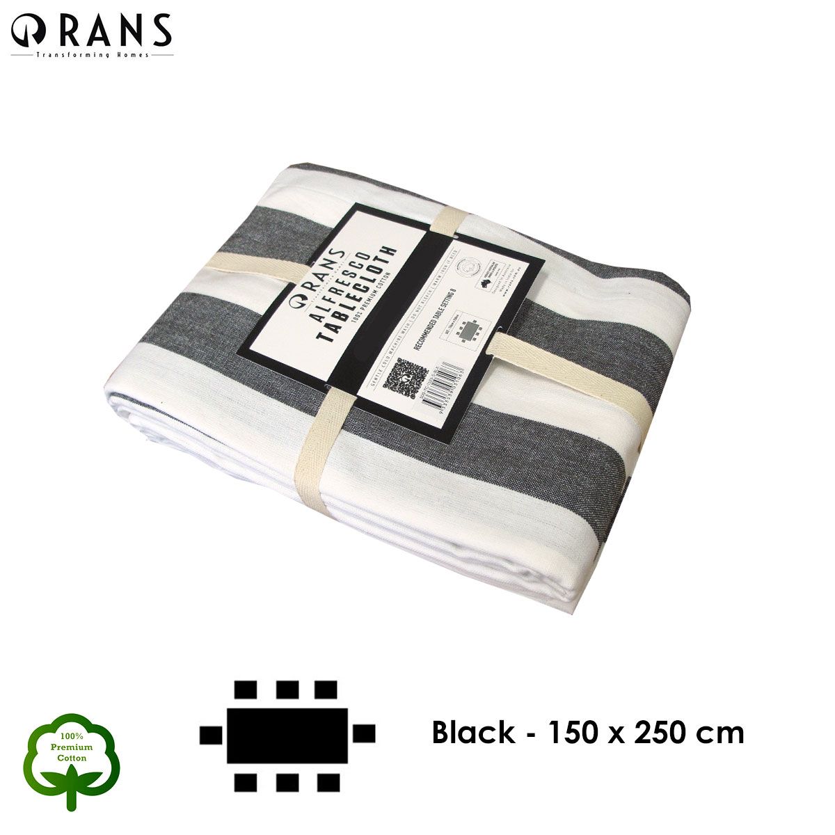 Rans Black Alfresco Stripes Cotton Tablecloth - Choose from 2 sizes 150cm x 250cm — image 4